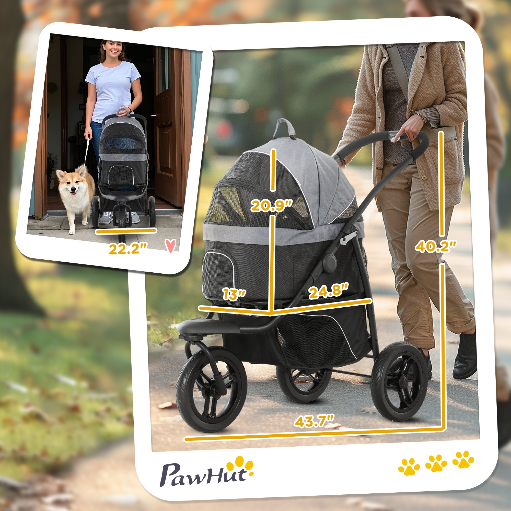 PawHut Pet Stroller for Small Dogs and Cats, 3 in 1 Dog Stroller Jogger with Detachable Carrier, Storage Basket, 3 Big Wheels Foldable Cat Stroller with Adjustable Canopy, Gray