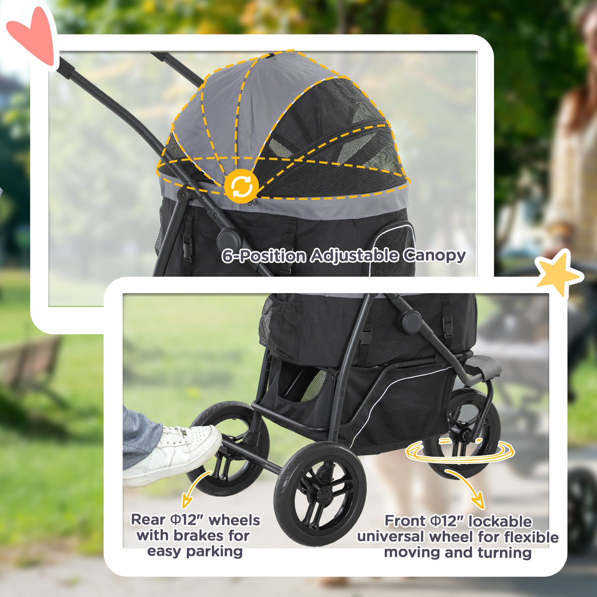 PawHut Pet Stroller for Small Dogs and Cats, 3 in 1 Dog Stroller Jogger with Detachable Carrier, Storage Basket, 3 Big Wheels Foldable Cat Stroller with Adjustable Canopy, Gray