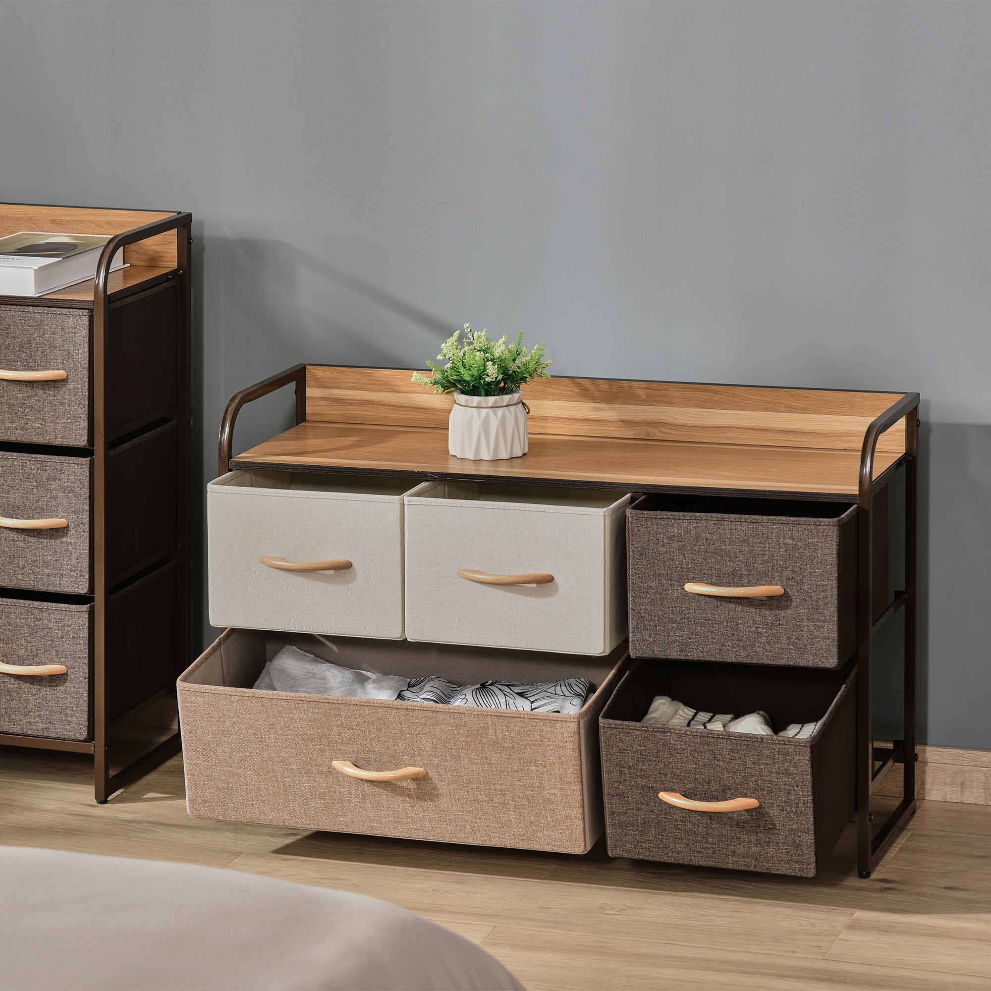 HOMCOM 5-Drawer Dresser, Fabric Chest of Drawers, 2-Tier Storage Tower with Steel Frame and Wooden Top for Bedroom, Nursery Room, Multicoloured