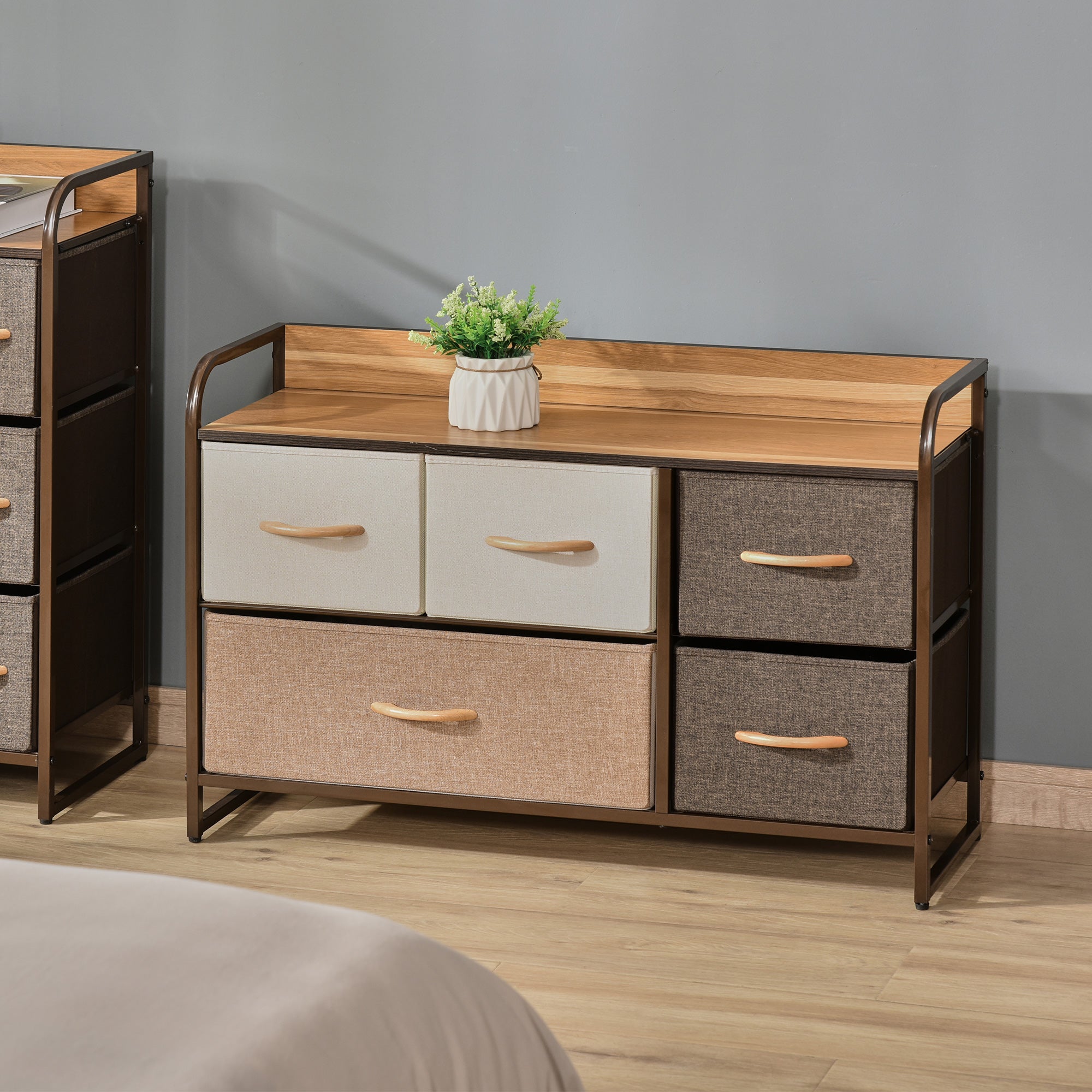 HOMCOM 5-Drawer Dresser, Fabric Chest of Drawers, 2-Tier Storage Tower with Steel Frame and Wooden Top for Bedroom, Nursery Room, Multicoloured