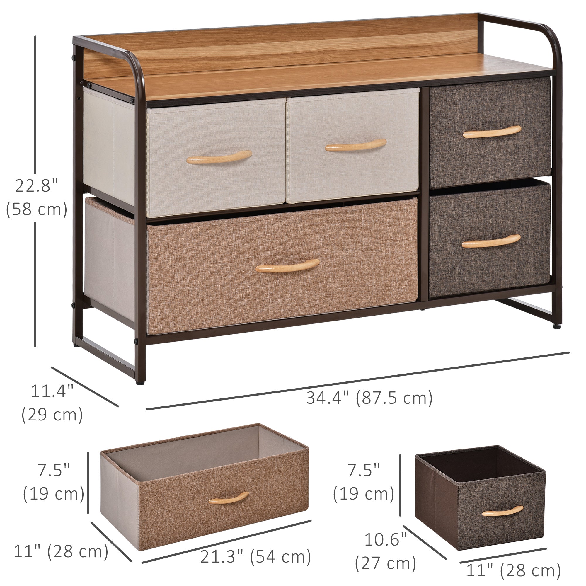 HOMCOM 5-Drawer Dresser, Fabric Chest of Drawers, 2-Tier Storage Tower with Steel Frame and Wooden Top for Bedroom, Nursery Room, Multicoloured