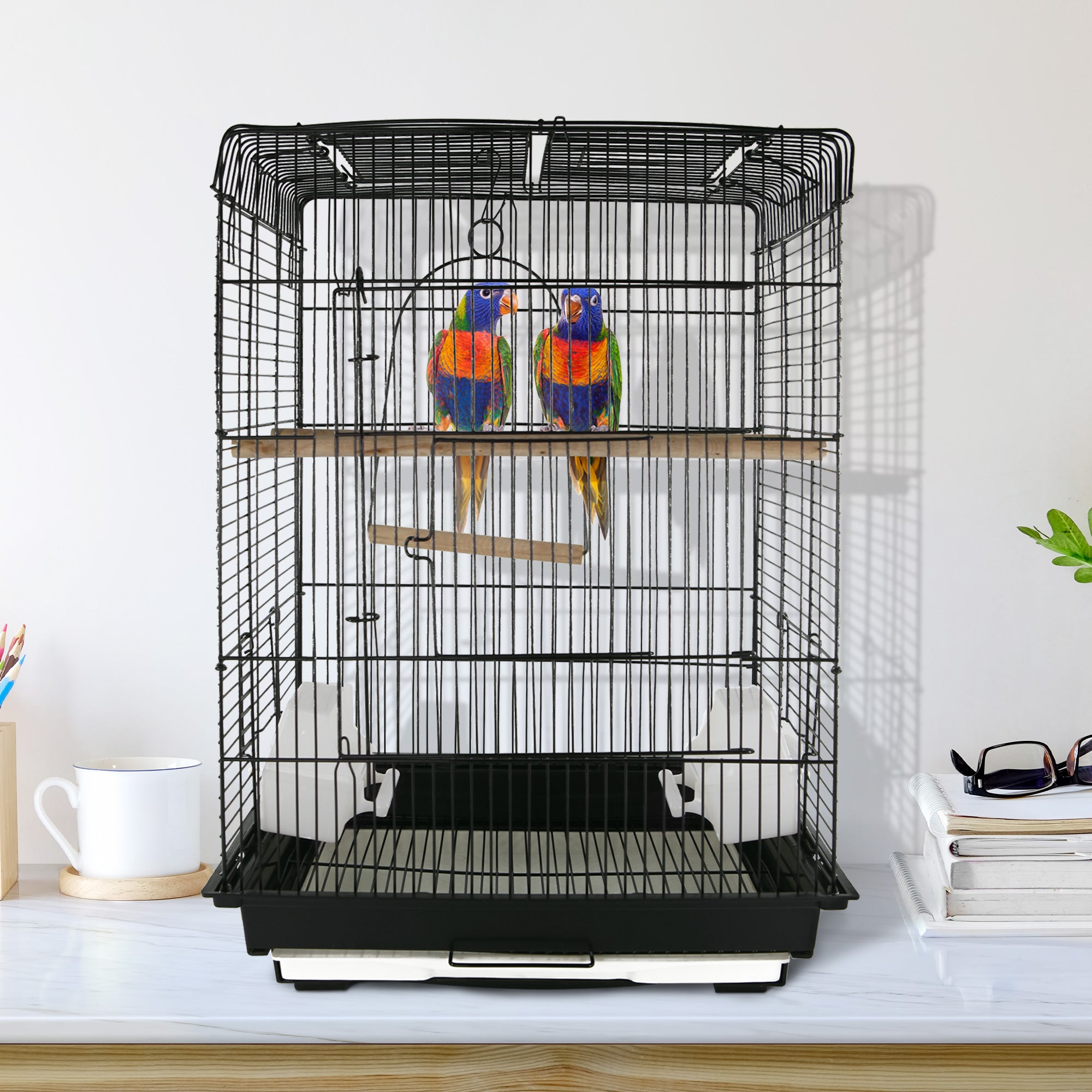 PawHut 28"H Steel Bird Cage with Open Play Top, Perch, Feeding Bowl for Parrot Lovebirds Parakeets Cockatiels - Black