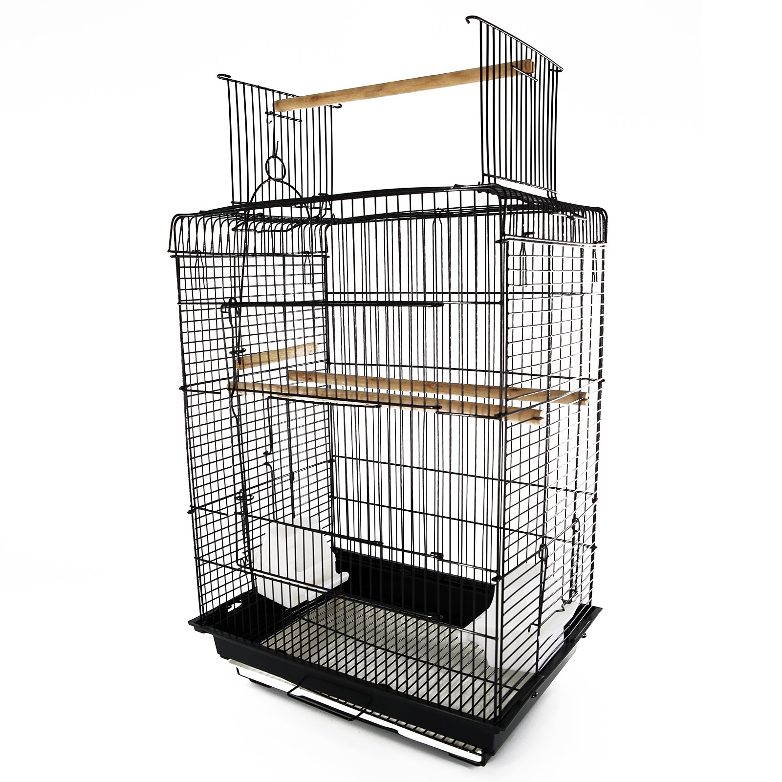 PawHut 28"H Steel Bird Cage with Open Play Top, Perch, Feeding Bowl for Parrot Lovebirds Parakeets Cockatiels - Black