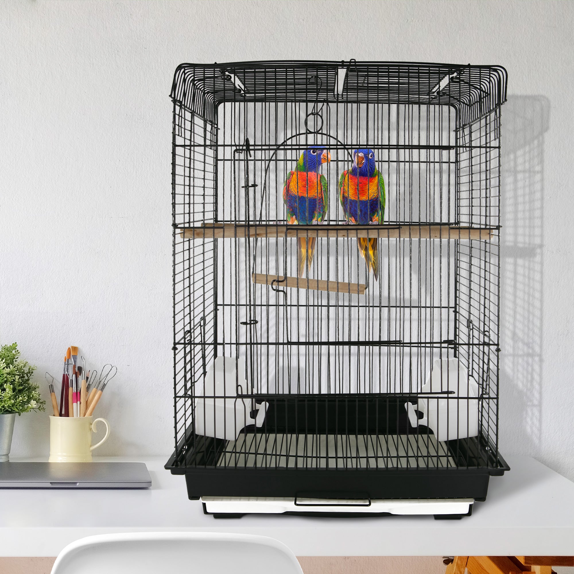 PawHut 22" Bird Cage Flight Parrot House Parakeet Playpen with Open Play Top and Feeding Bowl Perch Pet Furniture Black