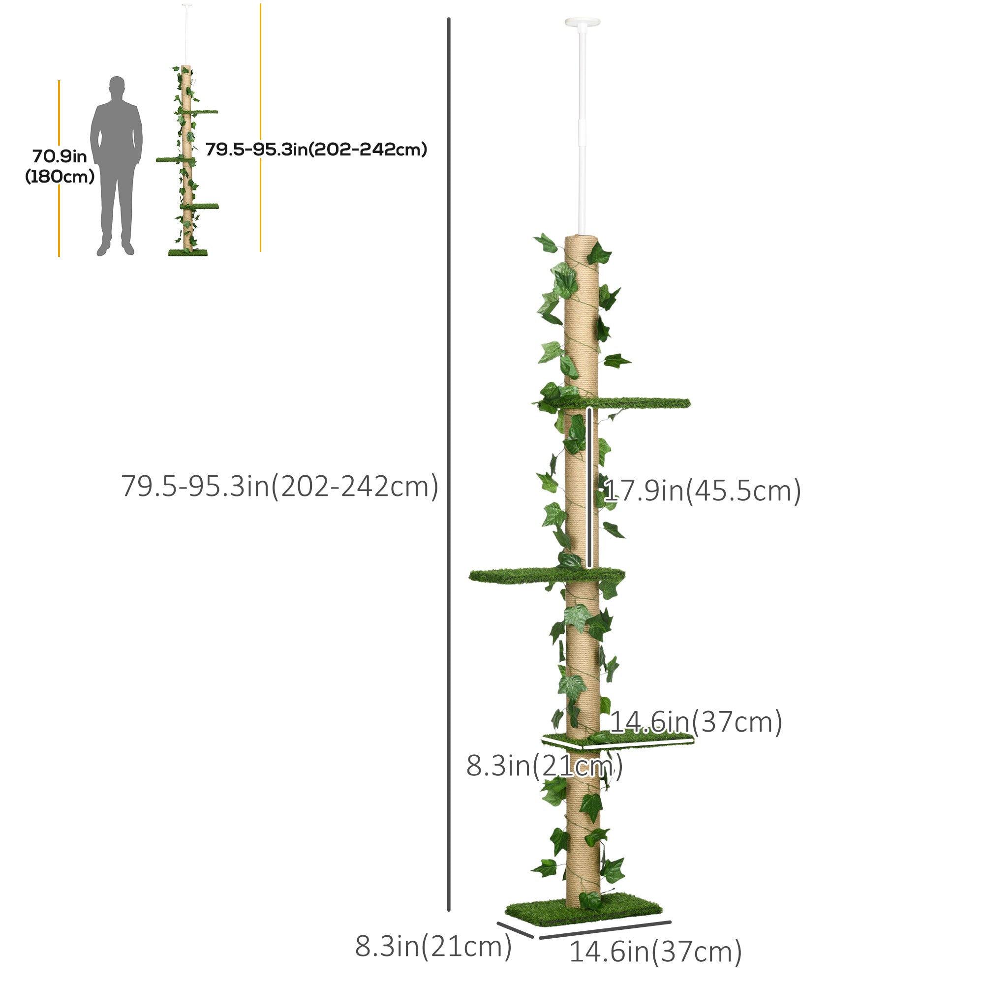 PawHut 4-Tier Floor to Ceiling Cat Tree, Height(80-95Inches)Adjustable, Tall Cat Tower w/ Anti-Slip Kit, Leaves, Multi-Layer Activity Centre w/ Scratching Post