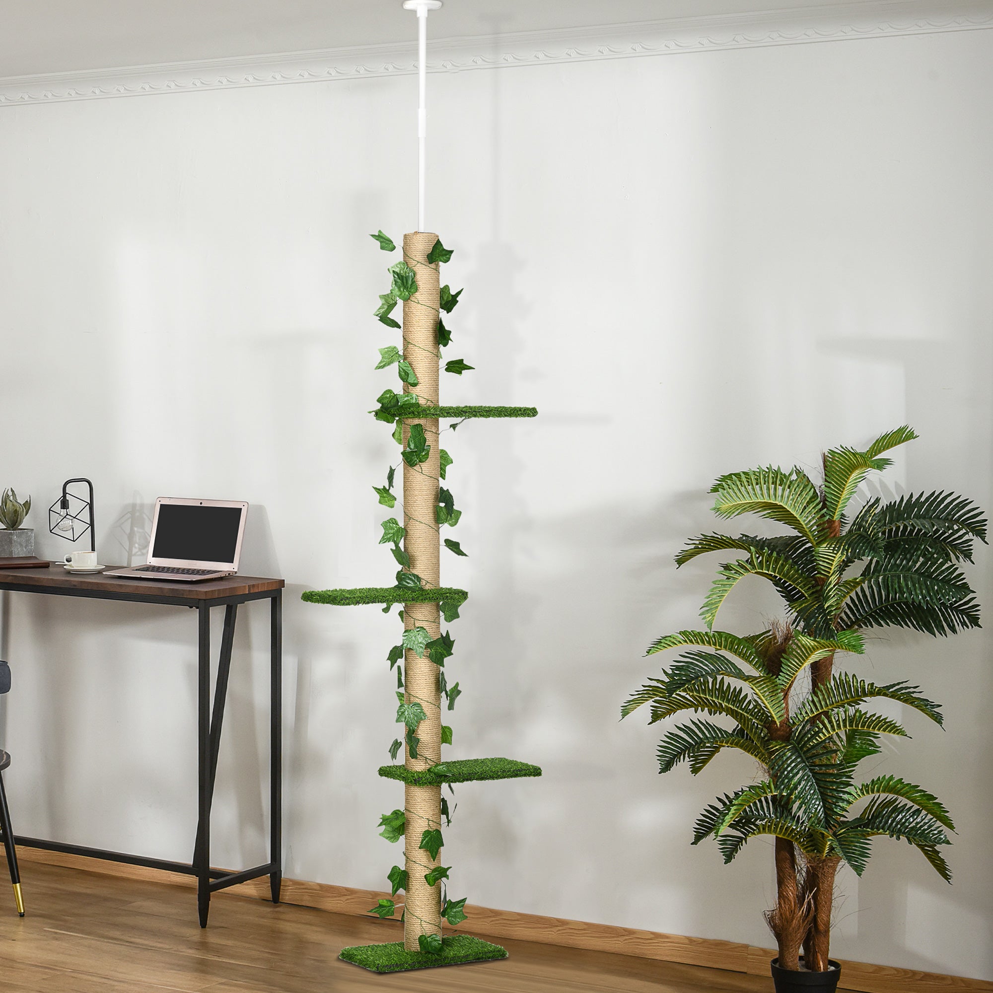 PawHut 4-Tier Floor to Ceiling Cat Tree, Height(80-95Inches)Adjustable, Tall Cat Tower w/ Anti-Slip Kit, Leaves, Multi-Layer Activity Centre w/ Scratching Post