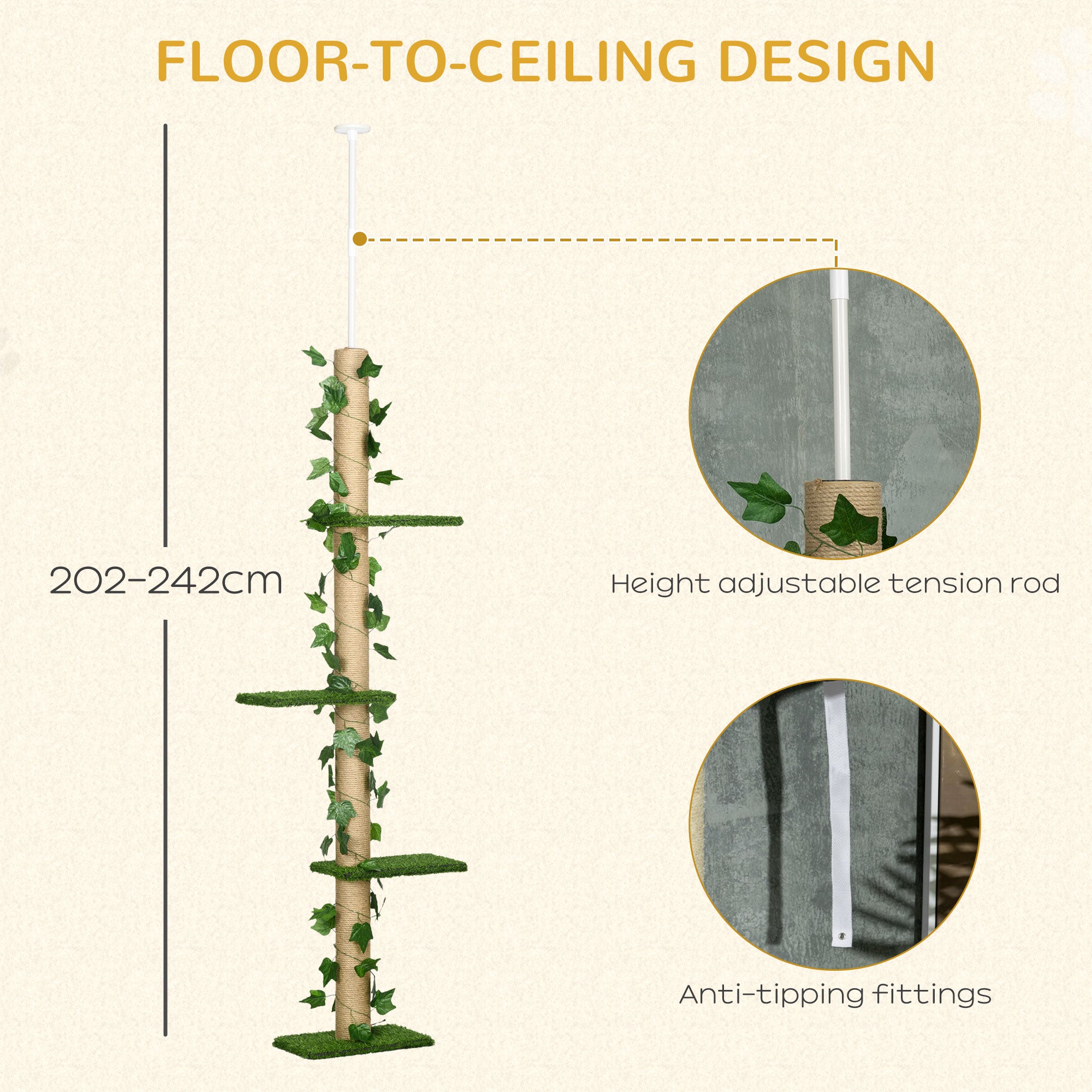 PawHut 4-Tier Floor to Ceiling Cat Tree, Height(80-95Inches)Adjustable, Tall Cat Tower w/ Anti-Slip Kit, Leaves, Multi-Layer Activity Centre w/ Scratching Post