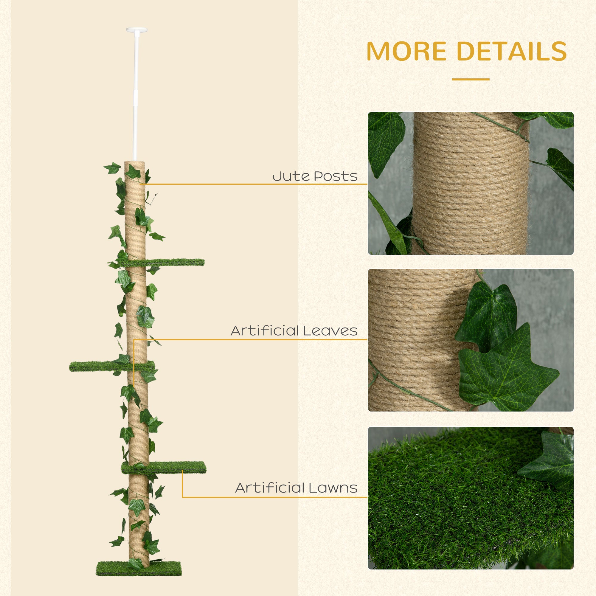 PawHut 4-Tier Floor to Ceiling Cat Tree, Height(80-95Inches)Adjustable, Tall Cat Tower w/ Anti-Slip Kit, Leaves, Multi-Layer Activity Centre w/ Scratching Post