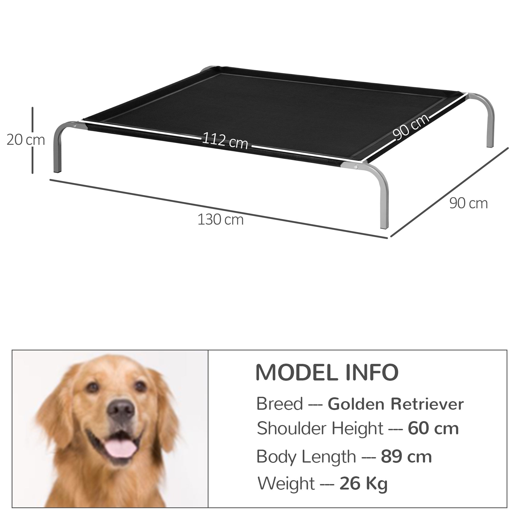 PawHut Elevated Pet Bed Cooling Raised Cot Style Bed for Extra Large Sized Dogs with Non-slip Pads Steel Frame Breathable Mesh Fabric, 130 x 90 x 20 cm - Black