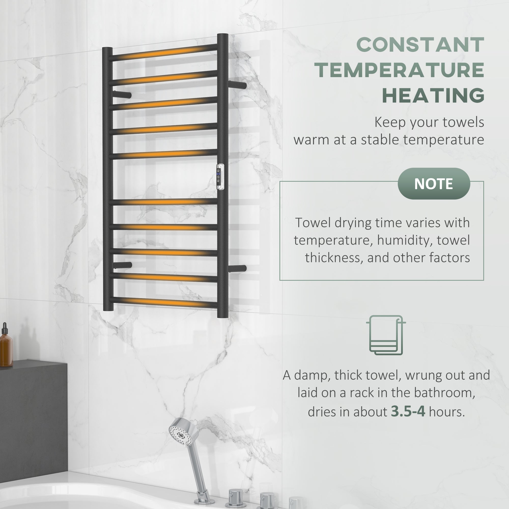 HOMCOM Heated Towel Rack, 304 Stainless Steel Electric Towel Warmer with Timer, Temperature Adjustment, LED Display, 10 Bars, Wall Mounted Towel Drying Rack for Bathroom, Black