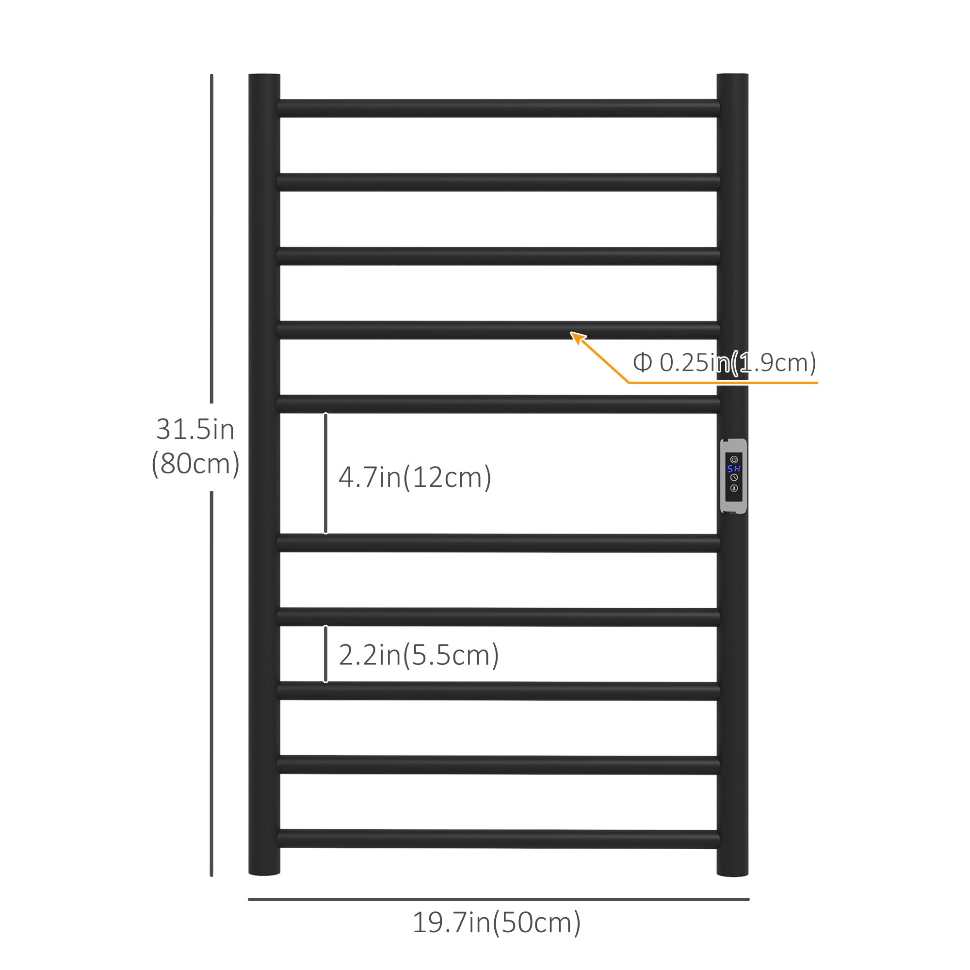 HOMCOM Heated Towel Rack, 304 Stainless Steel Electric Towel Warmer with Timer, Temperature Adjustment, LED Display, 10 Bars, Wall Mounted Towel Drying Rack for Bathroom, Black
