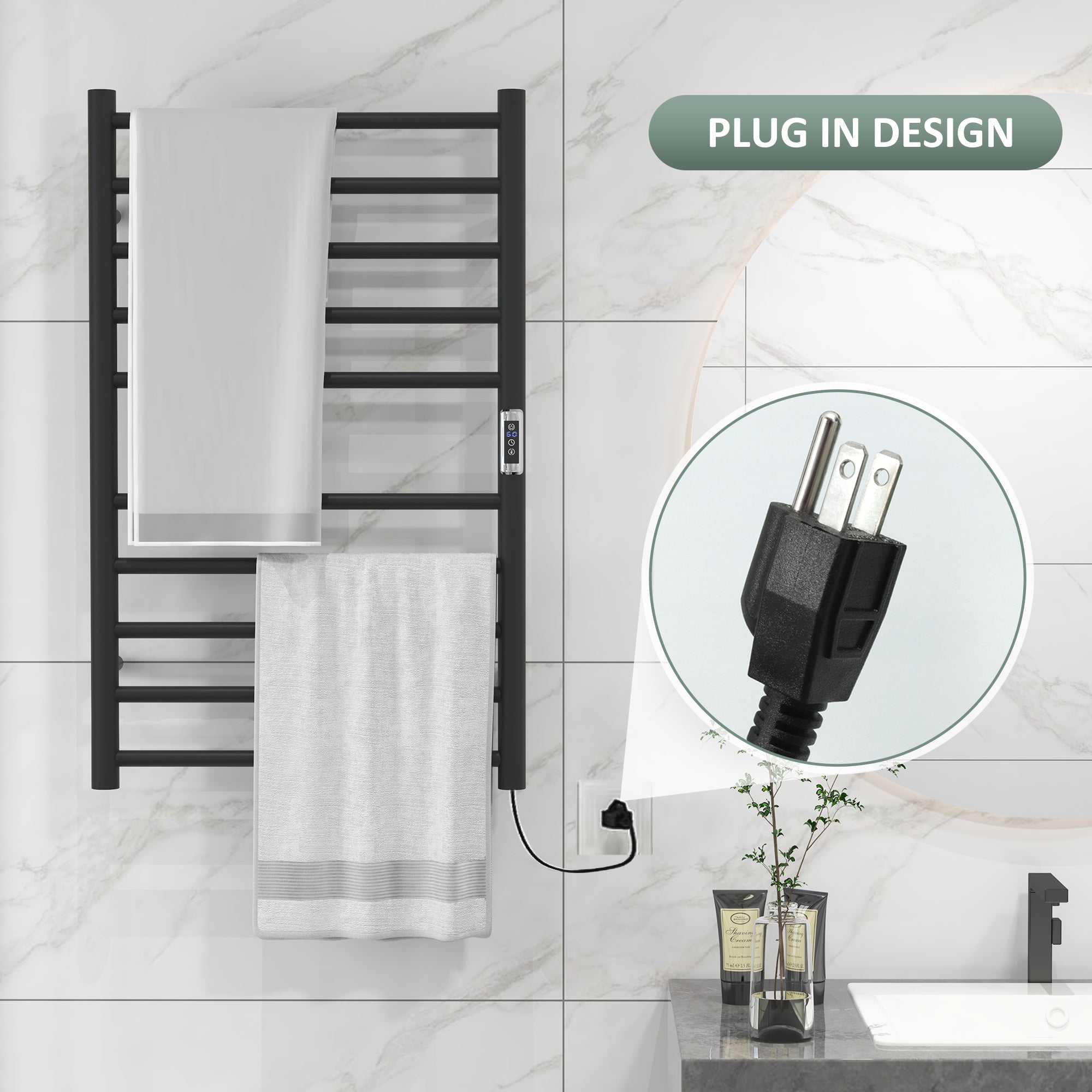 HOMCOM Heated Towel Rack, 304 Stainless Steel Electric Towel Warmer with Timer, Temperature Adjustment, LED Display, 10 Bars, Wall Mounted Towel Drying Rack for Bathroom, Black