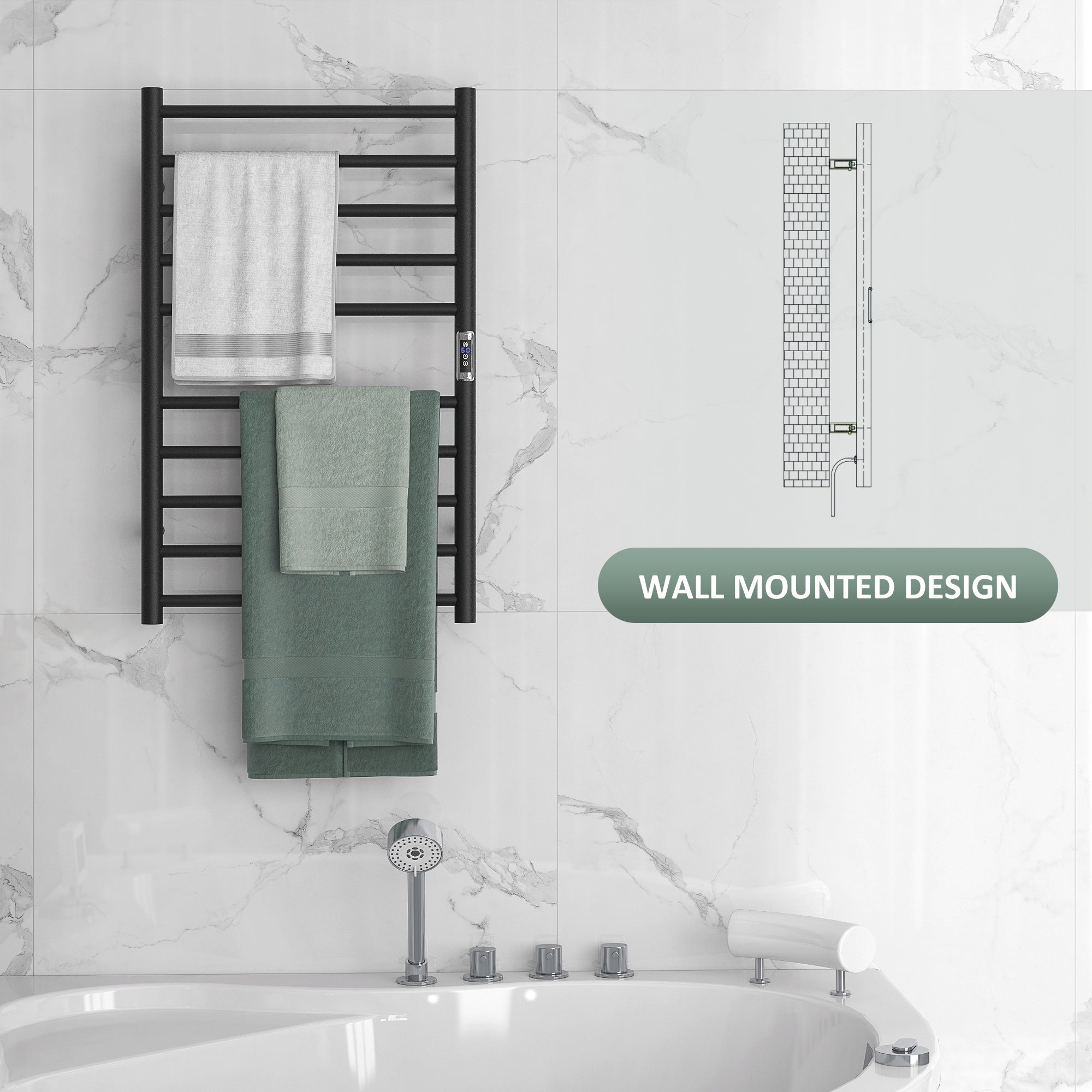 HOMCOM Heated Towel Rack, 304 Stainless Steel Electric Towel Warmer with Timer, Temperature Adjustment, LED Display, 10 Bars, Wall Mounted Towel Drying Rack for Bathroom, Black