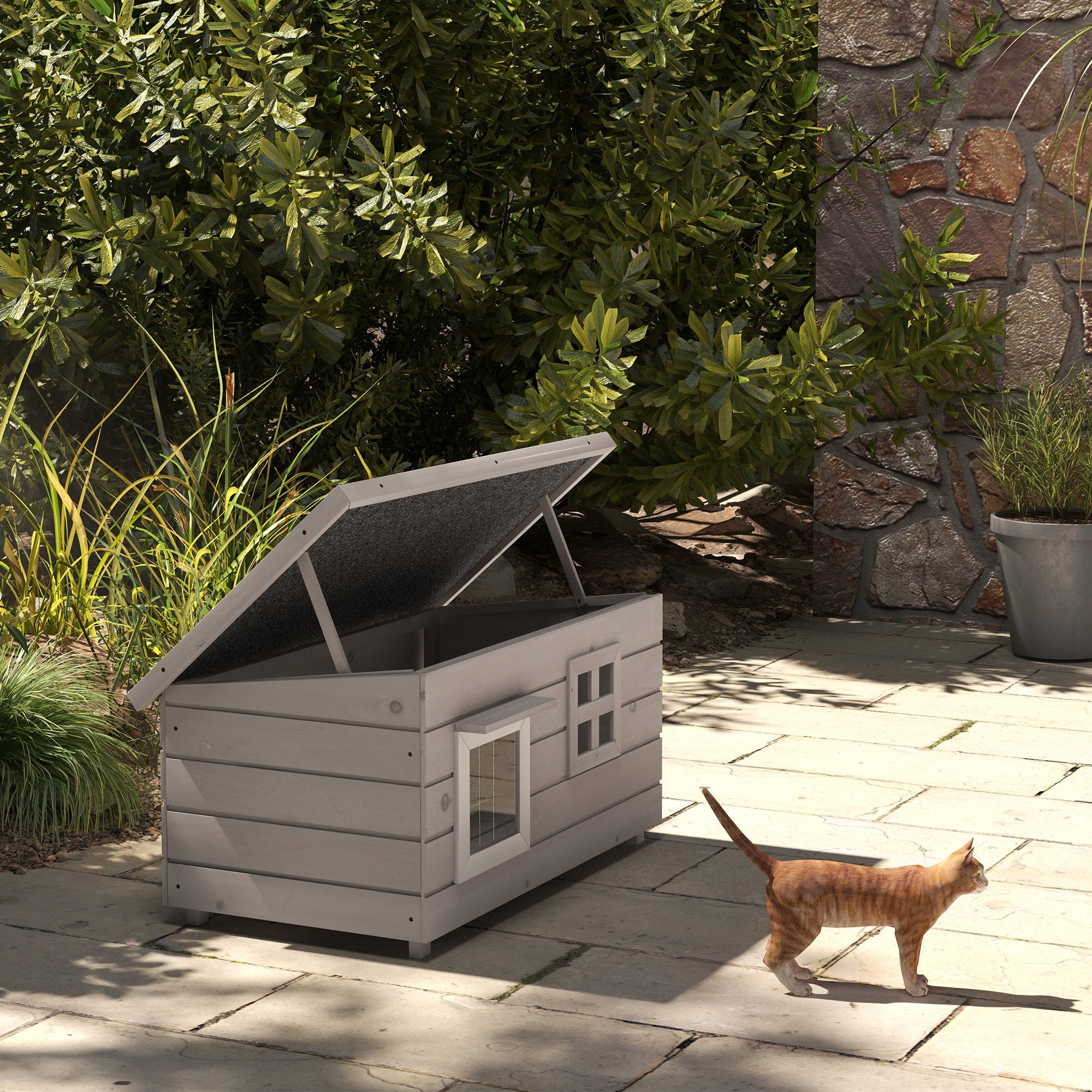 PawHut Outdoor Wooden Cat House, Elevated Cat Shelter Kennel, Pet Play House with Openable Top, Asphalt Roof, Window, 87 x 52 x 44 cm, Grey