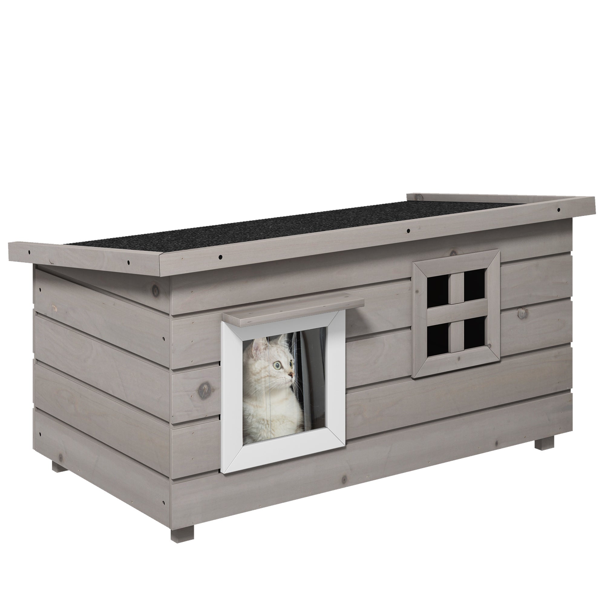 PawHut Outdoor Wooden Cat House, Elevated Cat Shelter Kennel, Pet Play House with Openable Top, Asphalt Roof, Window, 87 x 52 x 44 cm, Grey