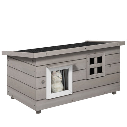 PawHut Outdoor Wooden Cat House, Elevated Cat Shelter Kennel, Pet Play House with Openable Top, Asphalt Roof, Window, 87 x 52 x 44 cm, Grey