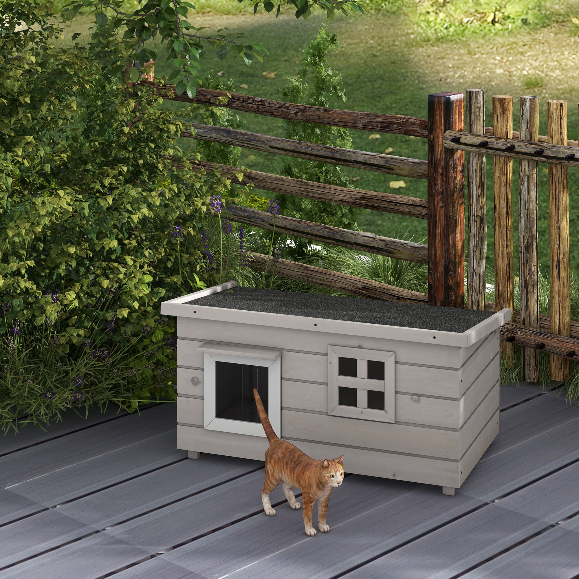 PawHut Outdoor Wooden Cat House, Elevated Cat Shelter Kennel, Pet Play House with Openable Top, Asphalt Roof, Window, 87 x 52 x 44 cm, Grey