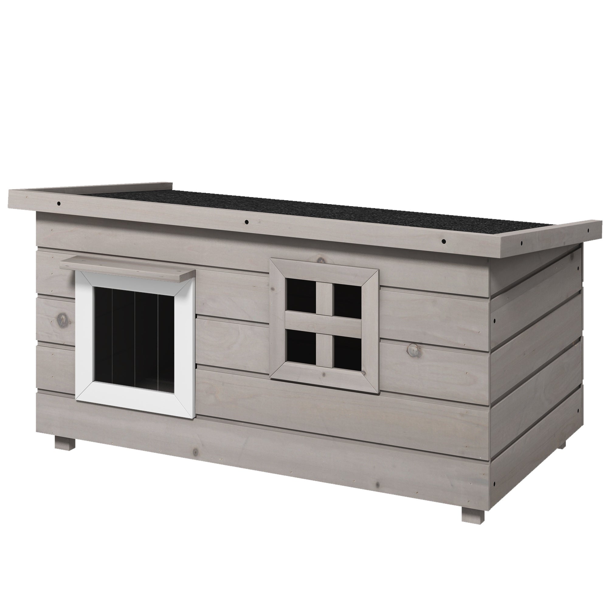 PawHut Outdoor Wooden Cat House, Elevated Cat Shelter Kennel, Pet Play House with Openable Top, Asphalt Roof, Window, 87 x 52 x 44 cm, Grey