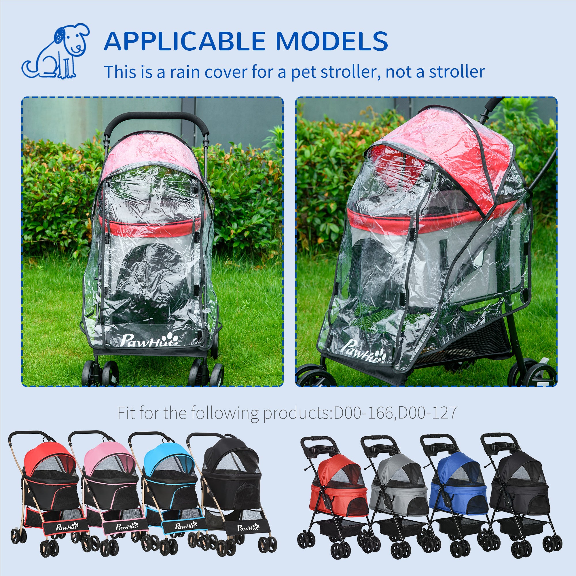 PawHut Dog Pram Rain Cover, Cover for Dog Stroller Buggy, with Front, Rear Entry
