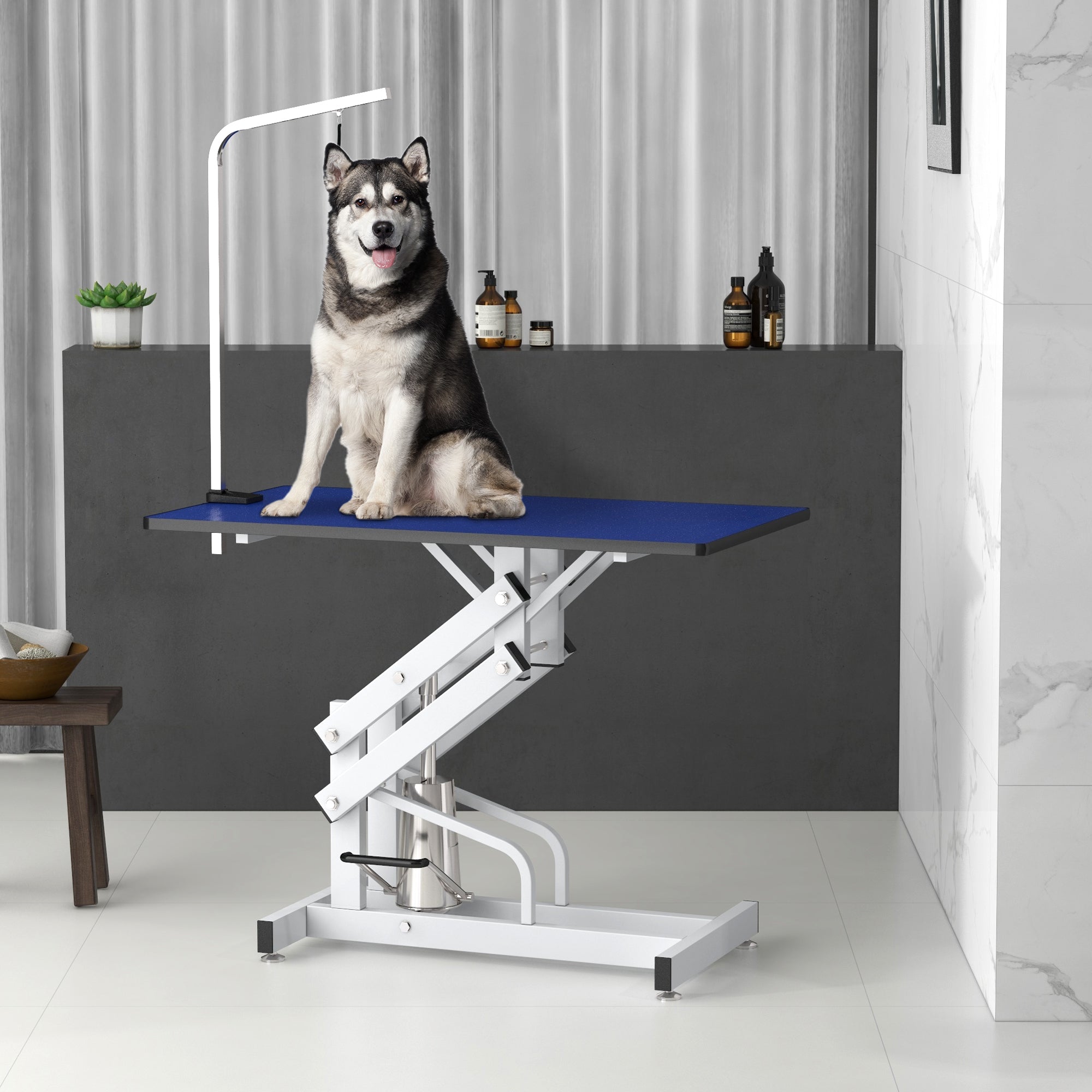 PawHut 43" Hydraulic Dog Grooming Table, Deluxe Professional Pet Grooming Table for Larger Dogs, Z-Lift Design with Arm Noose - Blue