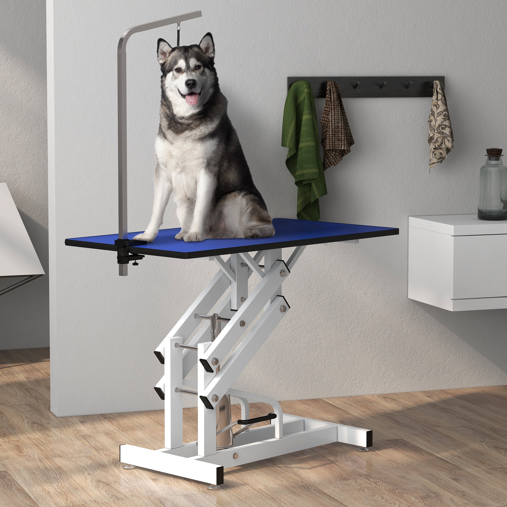 PawHut 43" Hydraulic Dog Grooming Table, Deluxe Professional Pet Grooming Table for Larger Dogs, Z-Lift Design with Arm Noose - Blue