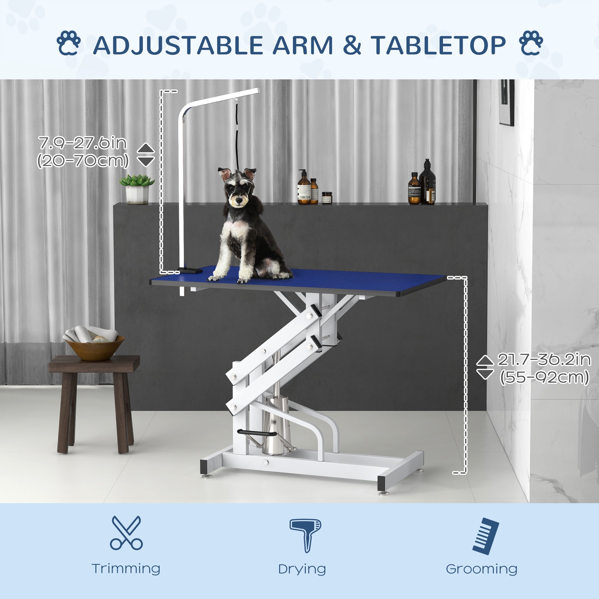 PawHut 43" Hydraulic Dog Grooming Table, Deluxe Professional Pet Grooming Table for Larger Dogs, Z-Lift Design with Arm Noose - Blue
