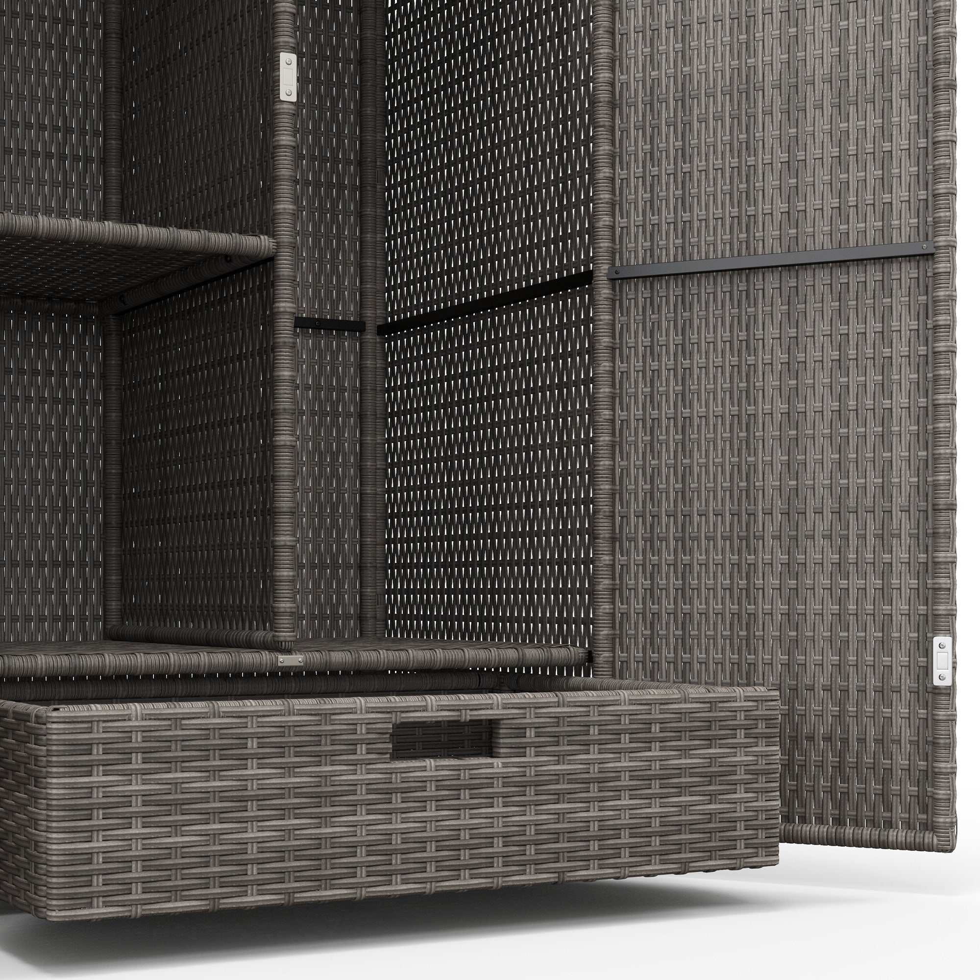Outsunny Wicker Outdoor Storage Cabinet with Shelves, 2-Door Rattan Pool Towel Storage Cabinet with Drawer & Removable Shelf, Pool Storage Organizer for Garden, Porch, Dark Grey