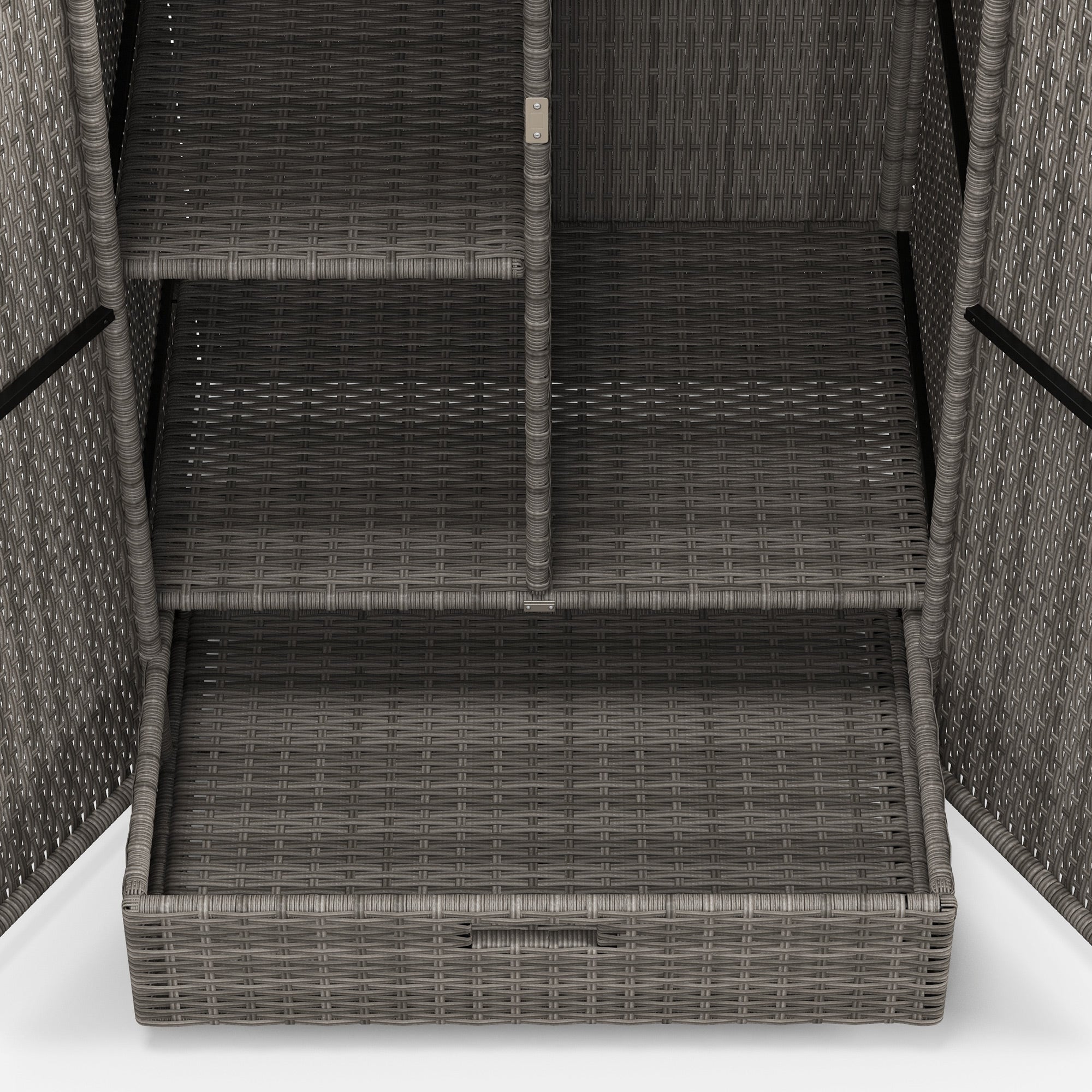 Outsunny Wicker Outdoor Storage Cabinet with Shelves, 2-Door Rattan Pool Towel Storage Cabinet with Drawer & Removable Shelf, Pool Storage Organizer for Garden, Porch, Dark Grey