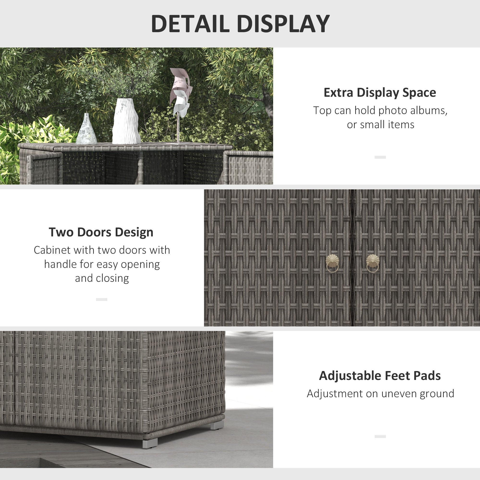 Outsunny Wicker Outdoor Storage Cabinet with Shelves, 2-Door Rattan Pool Towel Storage Cabinet with Drawer & Removable Shelf, Pool Storage Organizer for Garden, Porch, Dark Grey