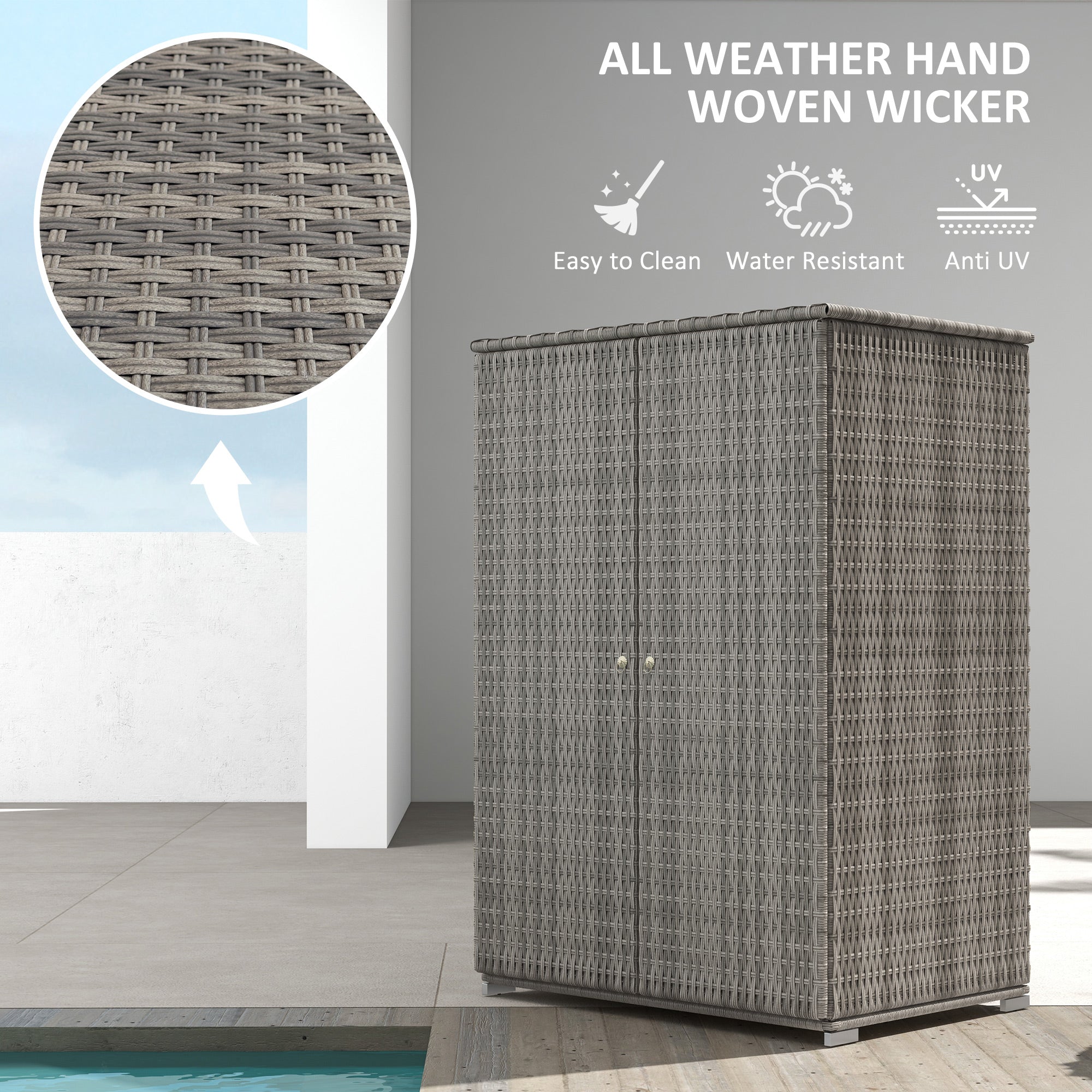 Outsunny Wicker Outdoor Storage Cabinet with Shelves, 2-Door Rattan Pool Towel Storage Cabinet with Drawer & Removable Shelf, Pool Storage Organizer for Garden, Porch, Dark Grey