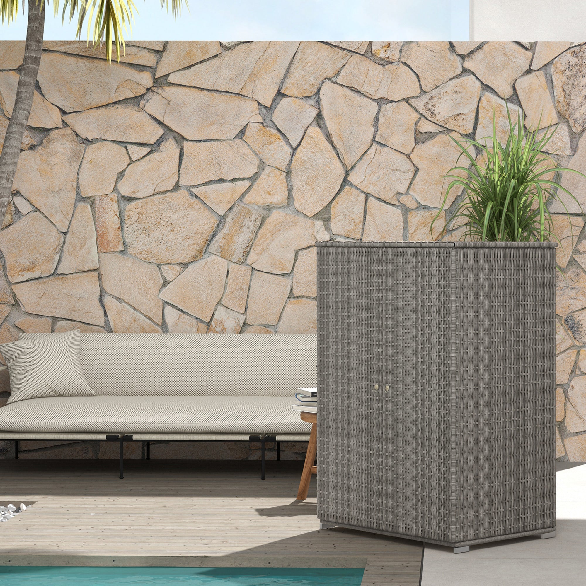 Outsunny Wicker Outdoor Storage Cabinet with Shelves, 2-Door Rattan Pool Towel Storage Cabinet with Drawer & Removable Shelf, Pool Storage Organizer for Garden, Porch, Dark Grey