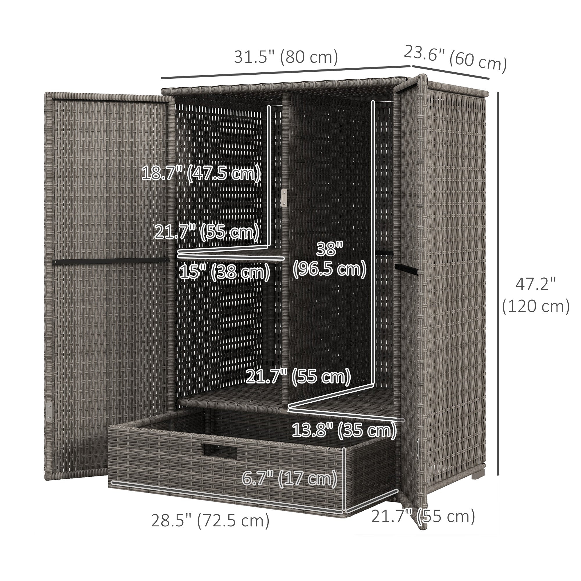 Outsunny Wicker Outdoor Storage Cabinet with Shelves, 2-Door Rattan Pool Towel Storage Cabinet with Drawer & Removable Shelf, Pool Storage Organizer for Garden, Porch, Dark Grey