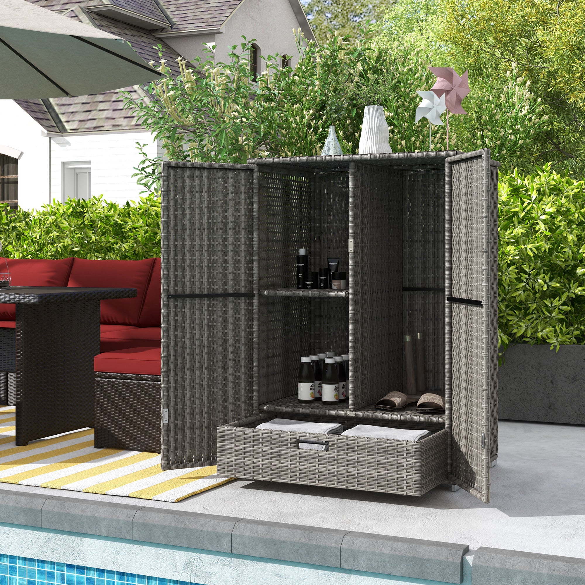 Outsunny Wicker Outdoor Storage Cabinet with Shelves, 2-Door Rattan Pool Towel Storage Cabinet with Drawer & Removable Shelf, Pool Storage Organizer for Garden, Porch, Dark Grey