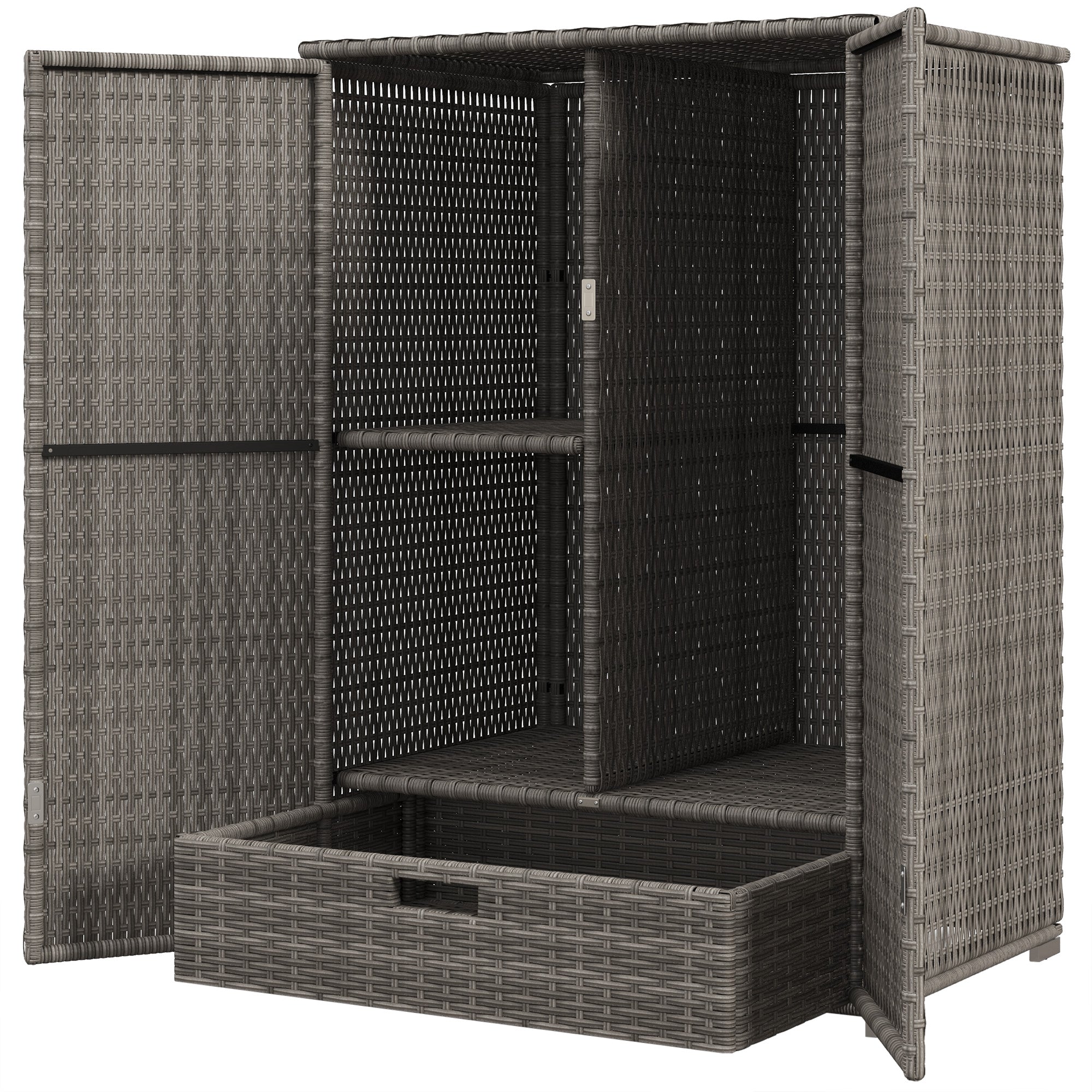 Outsunny Wicker Outdoor Storage Cabinet with Shelves, 2-Door Rattan Pool Towel Storage Cabinet with Drawer & Removable Shelf, Pool Storage Organizer for Garden, Porch, Dark Grey