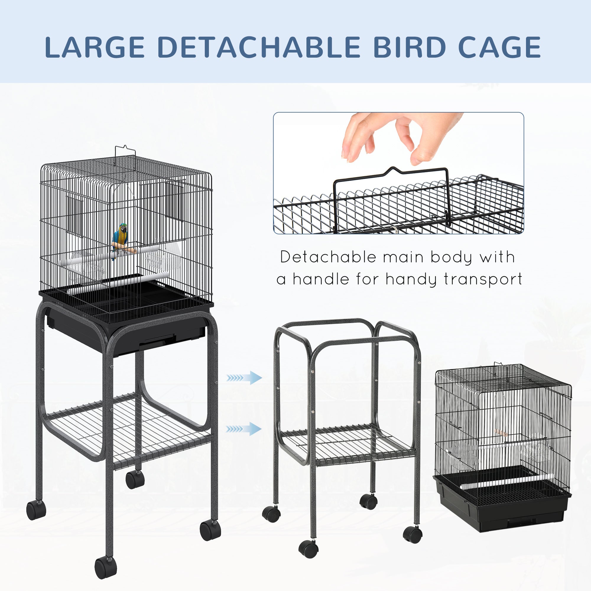 PawHut 44.5"H Metal Bird Cage Parrot Play Spot Stand w/ Wheel Storage Shelf Multi-doors Black