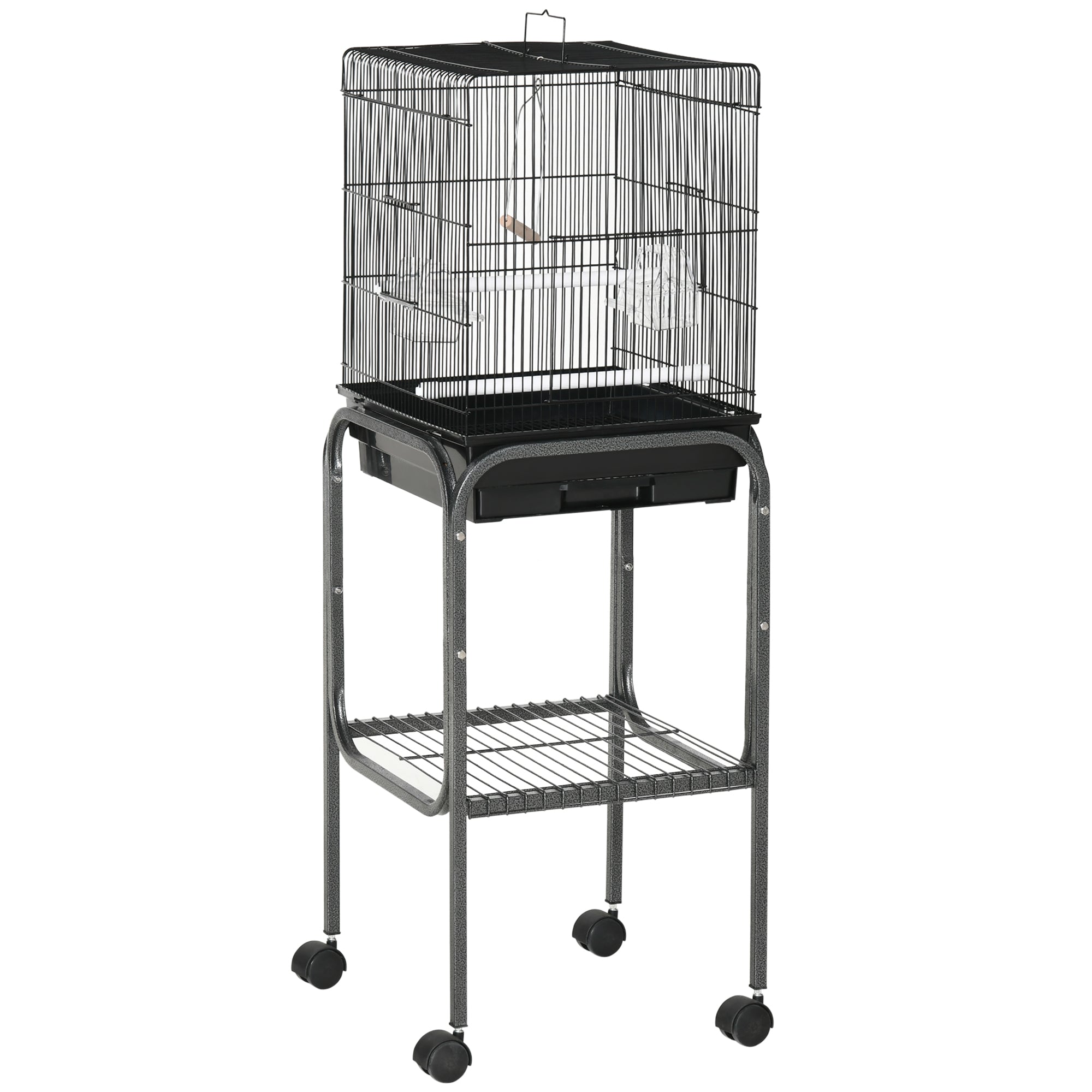 PawHut 44.5"H Metal Bird Cage Parrot Play Spot Stand w/ Wheel Storage Shelf Multi-doors Black
