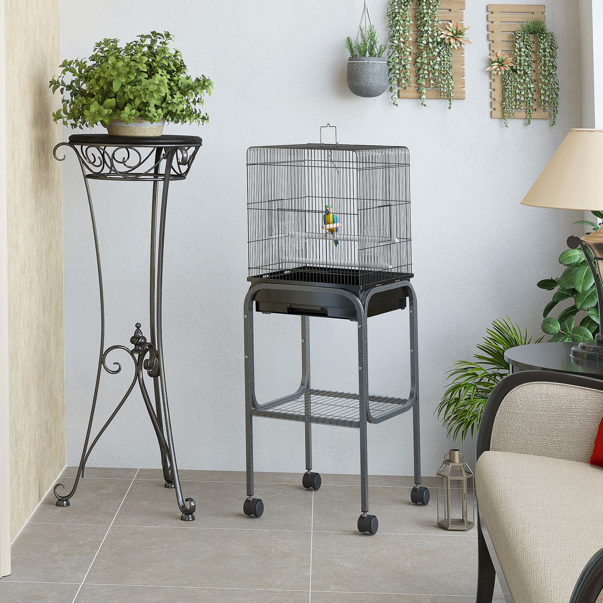 PawHut 44.5"H Metal Bird Cage Parrot Play Spot Stand w/ Wheel Storage Shelf Multi-doors Black