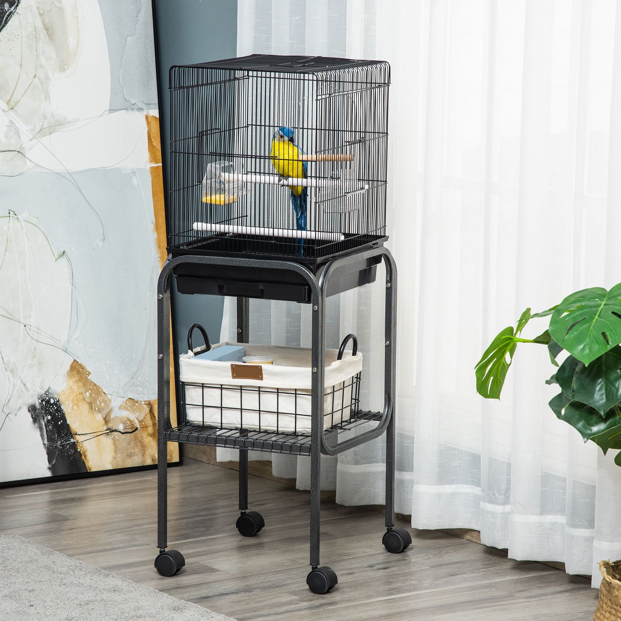 PawHut 44.5"H Metal Bird Cage Parrot Play Spot Stand w/ Wheel Storage Shelf Multi-doors Black