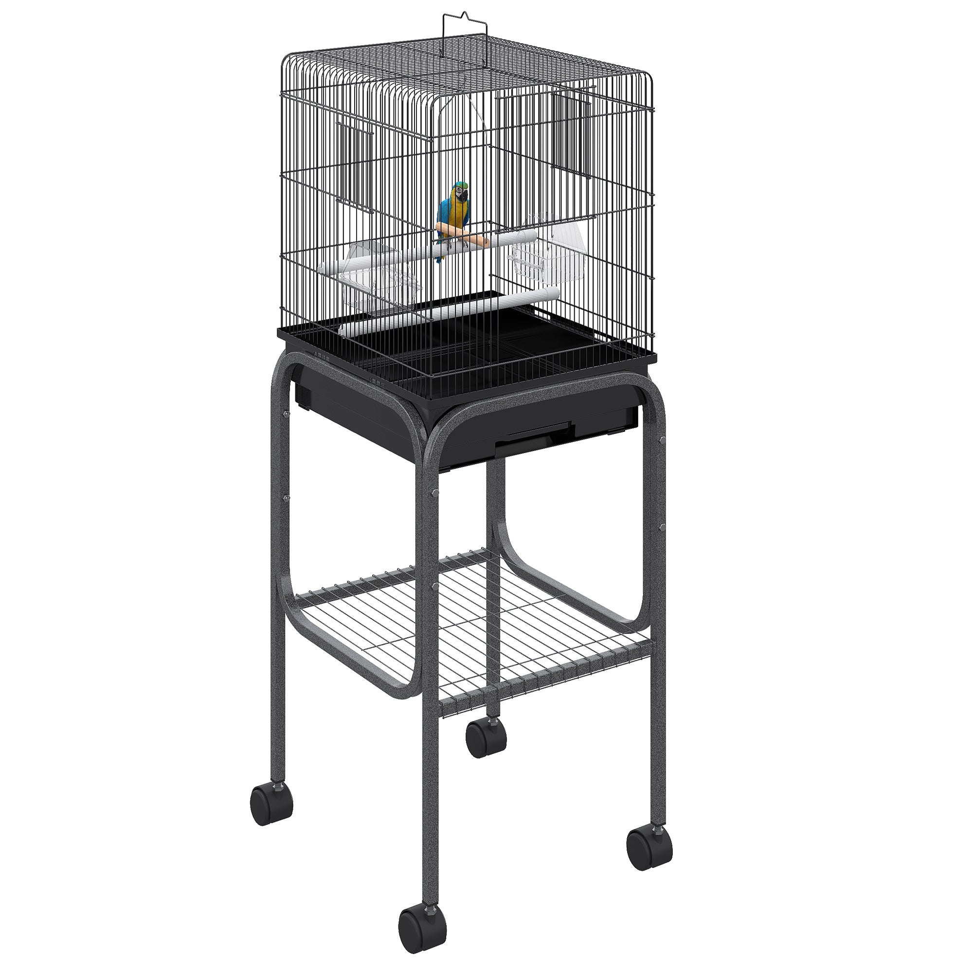 PawHut 44.5"H Metal Bird Cage Parrot Play Spot Stand w/ Wheel Storage Shelf Multi-doors Black