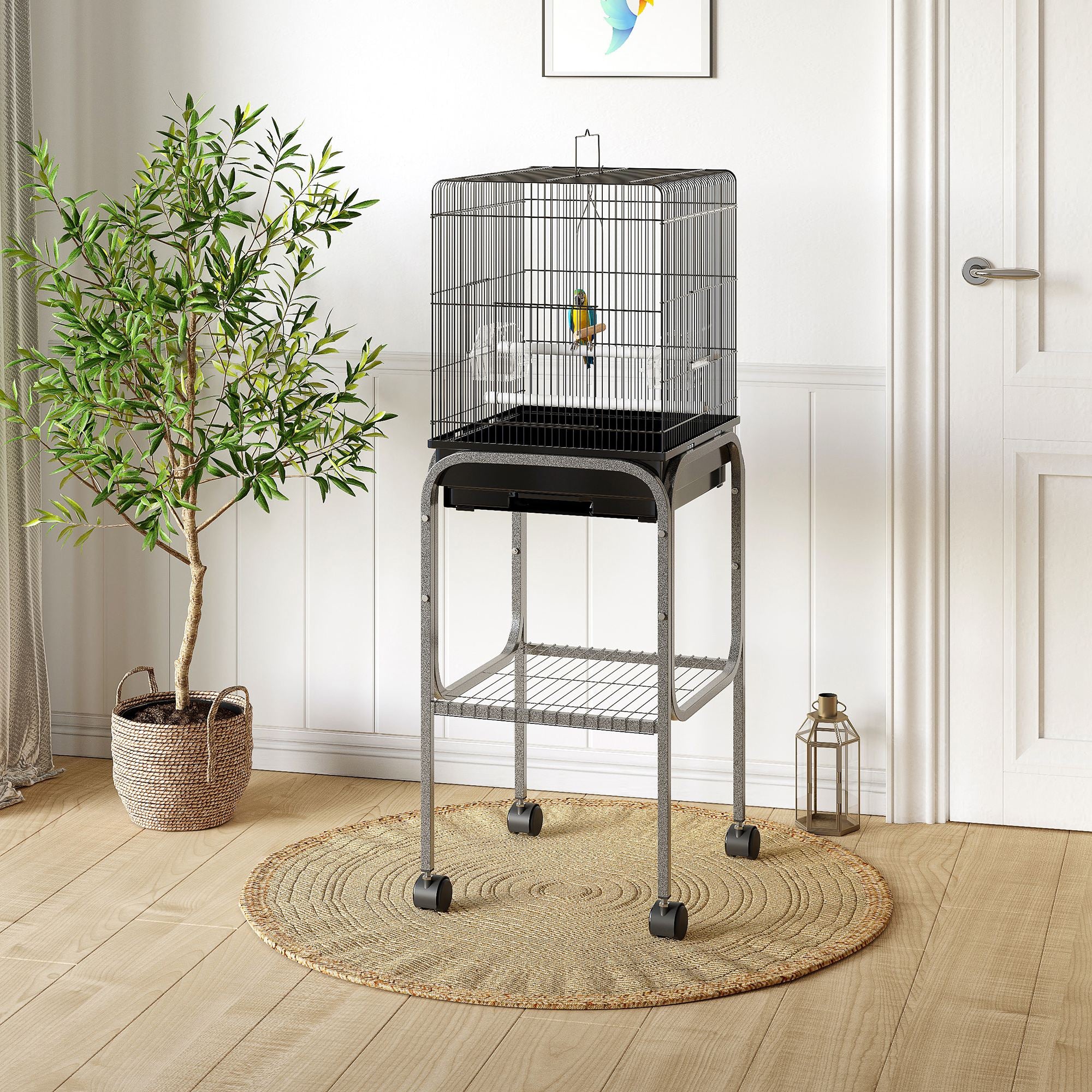 PawHut 44.5"H Metal Bird Cage Parrot Play Spot Stand w/ Wheel Storage Shelf Multi-doors Black