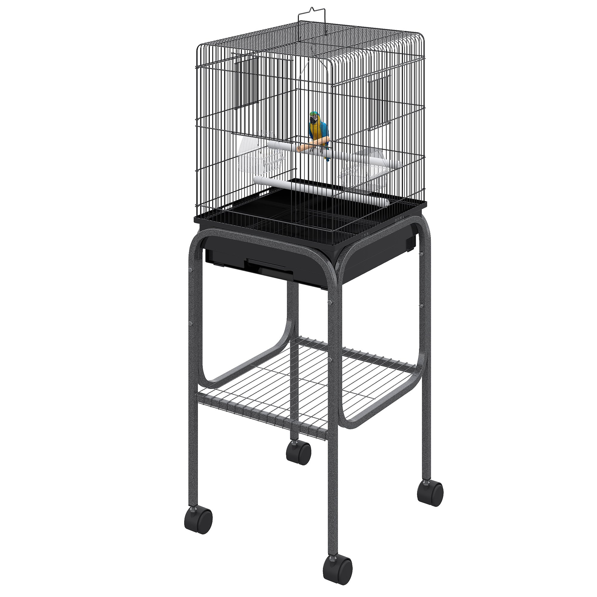 PawHut 44.5"H Metal Bird Cage Parrot Play Spot Stand w/ Wheel Storage Shelf Multi-doors Black