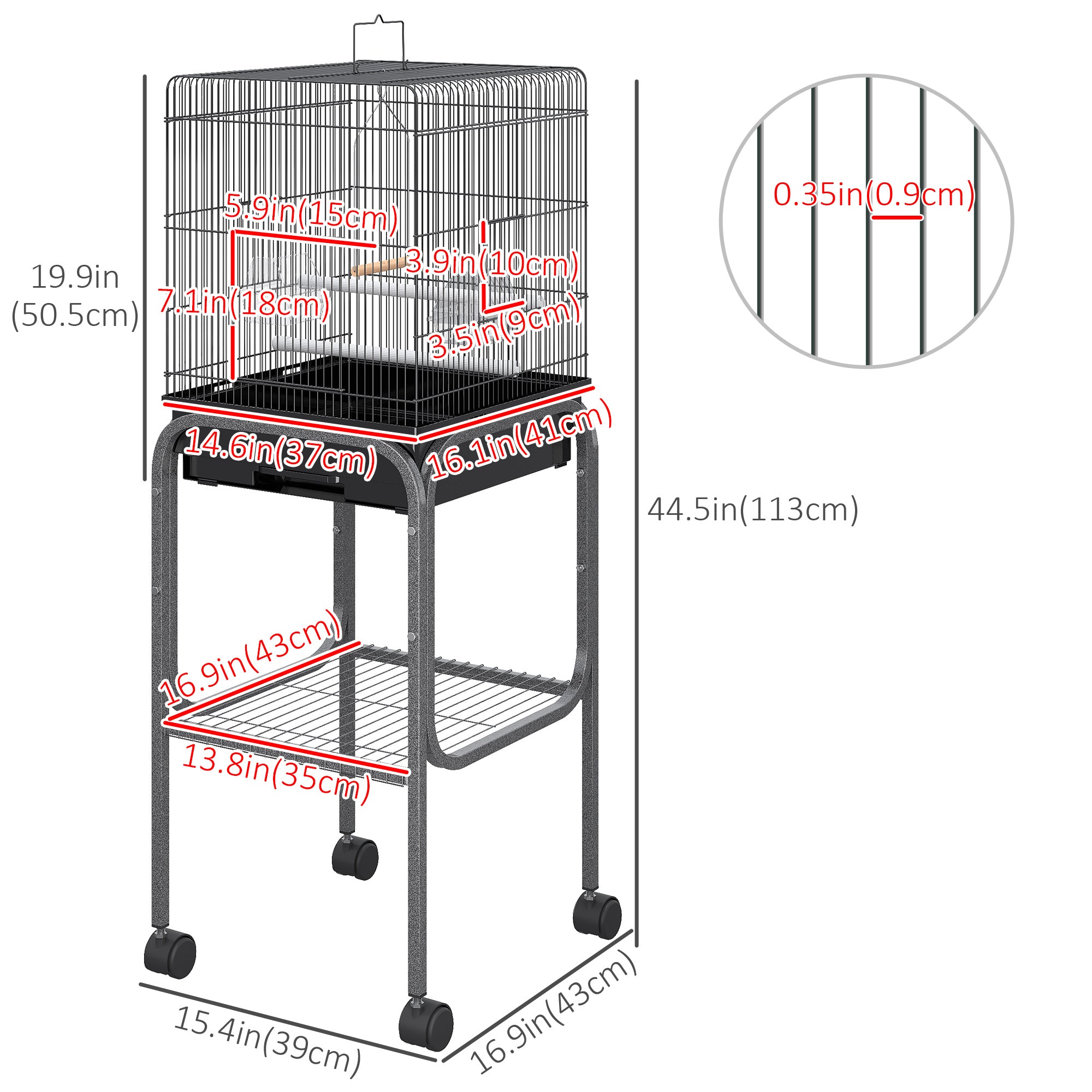 PawHut 44.5"H Metal Bird Cage Parrot Play Spot Stand w/ Wheel Storage Shelf Multi-doors Black