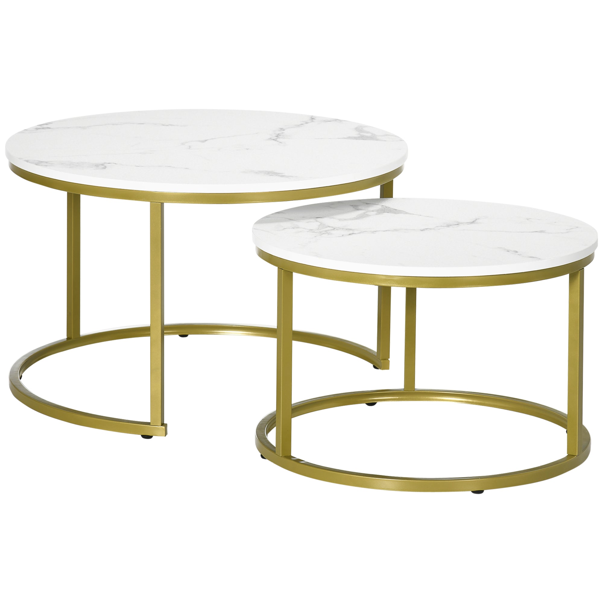 HOMCOM Nesting Tables, 29" Round Coffee Table Set of 2, Modern Side Tables for Living Room with Metal Base, Faux Marbled White