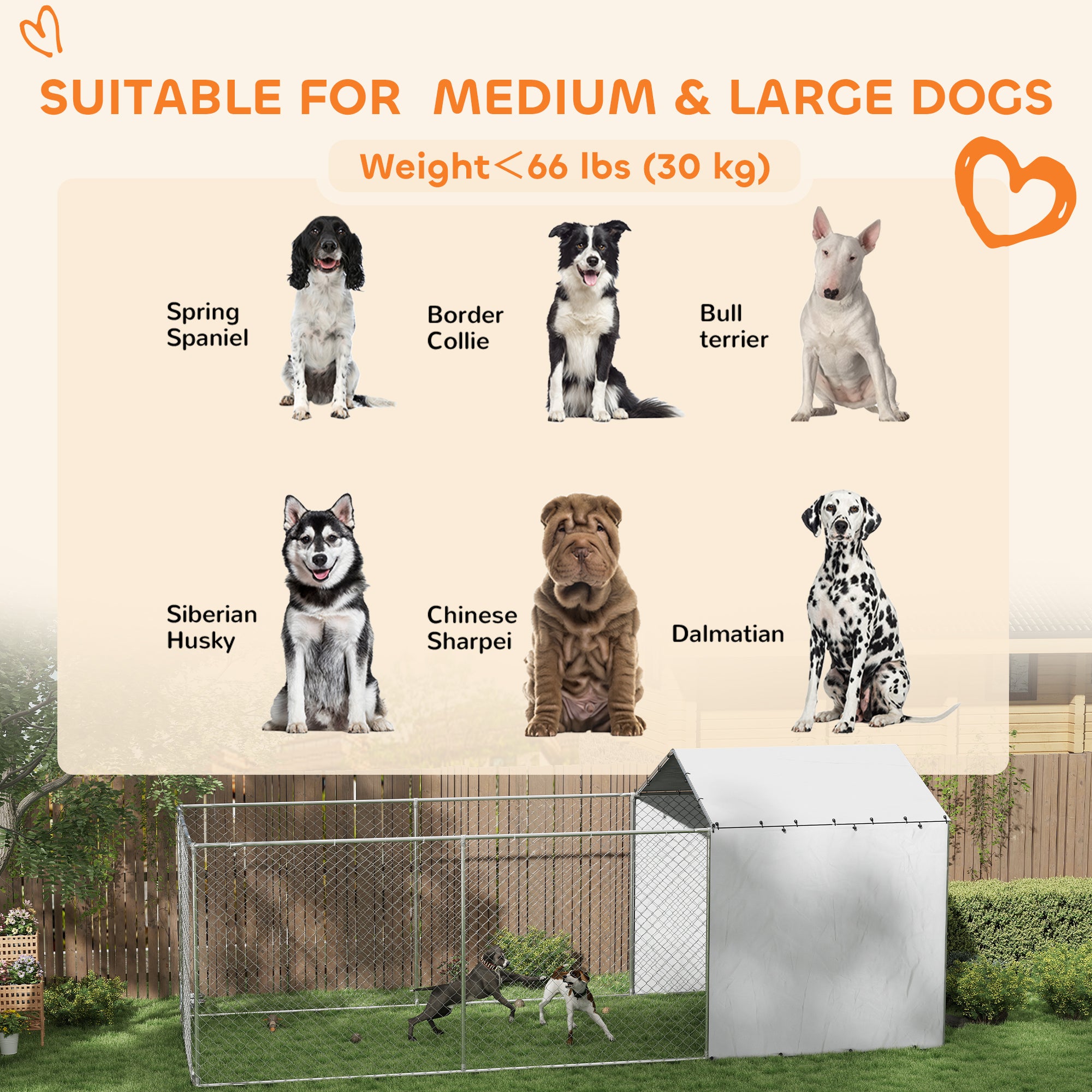 PawHut Large Outdoor Dog Kennel, Heavy Duty Dog Kennel Outside with Waterproof & UV-Resistant Cover, Rotating Bowls Door, Galvanized Chain Link Dog Run for Medium & Large Dogs, 19.7' x 7.5' x 7.5'