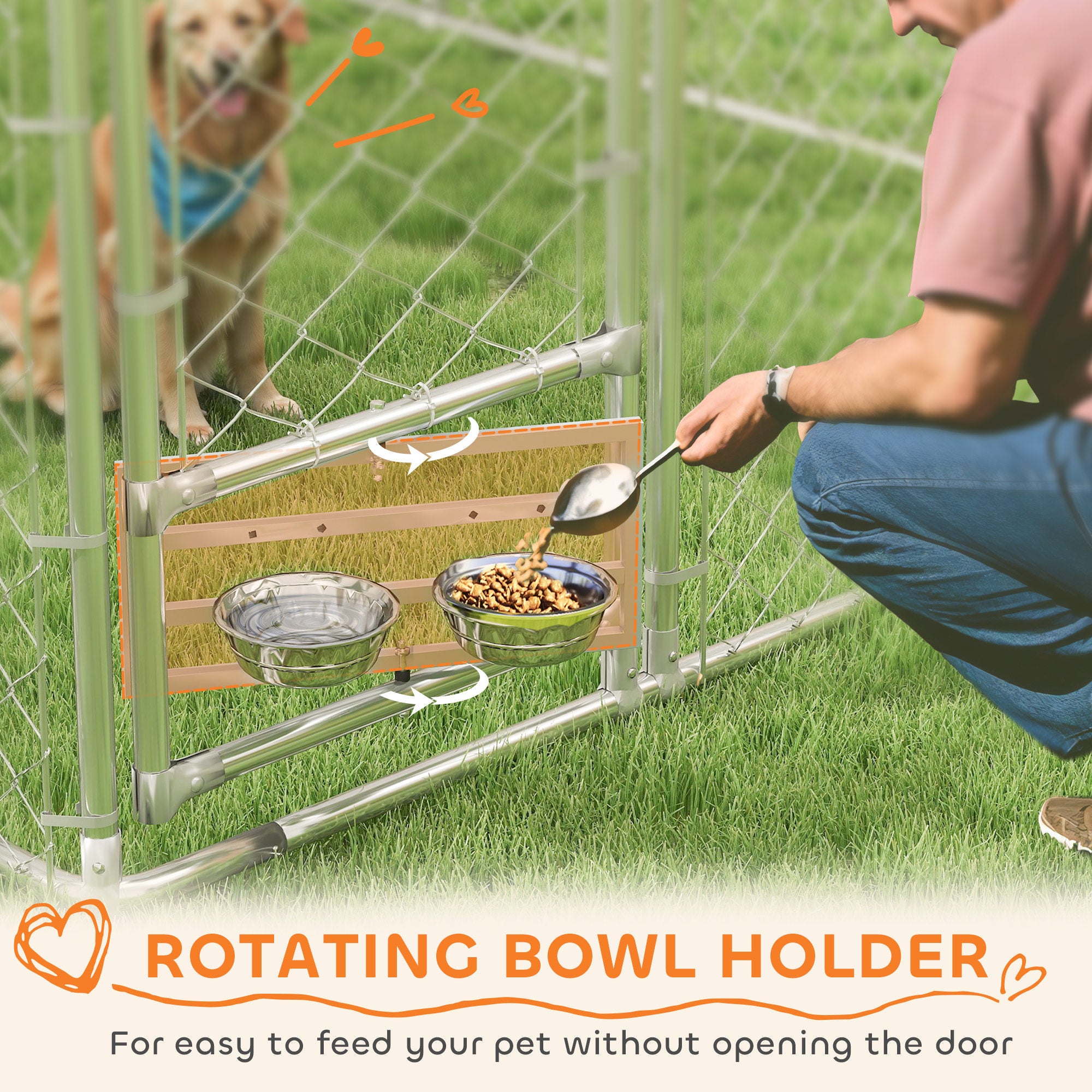 PawHut Large Outdoor Dog Kennel, Heavy Duty Dog Kennel Outside with Waterproof & UV-Resistant Cover, Rotating Bowls Door, Galvanized Chain Link Dog Run for Medium & Large Dogs, 19.7' x 7.5' x 7.5'