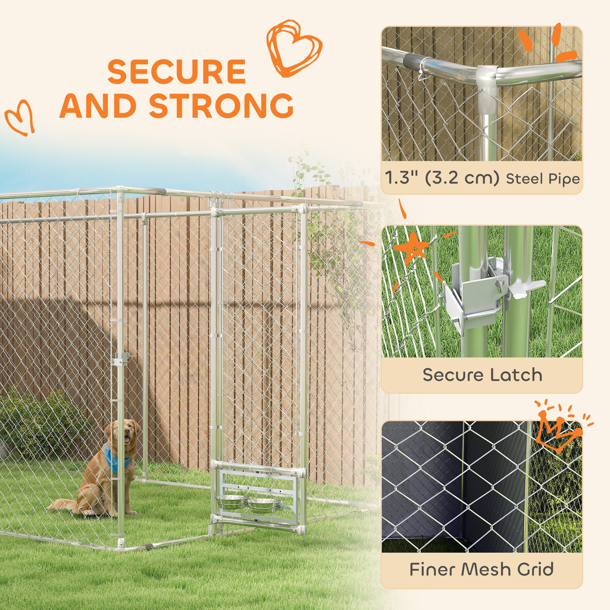 PawHut Large Outdoor Dog Kennel, Heavy Duty Dog Kennel Outside with Waterproof & UV-Resistant Cover, Rotating Bowls Door, Galvanized Chain Link Dog Run for Medium & Large Dogs, 19.7' x 7.5' x 7.5'