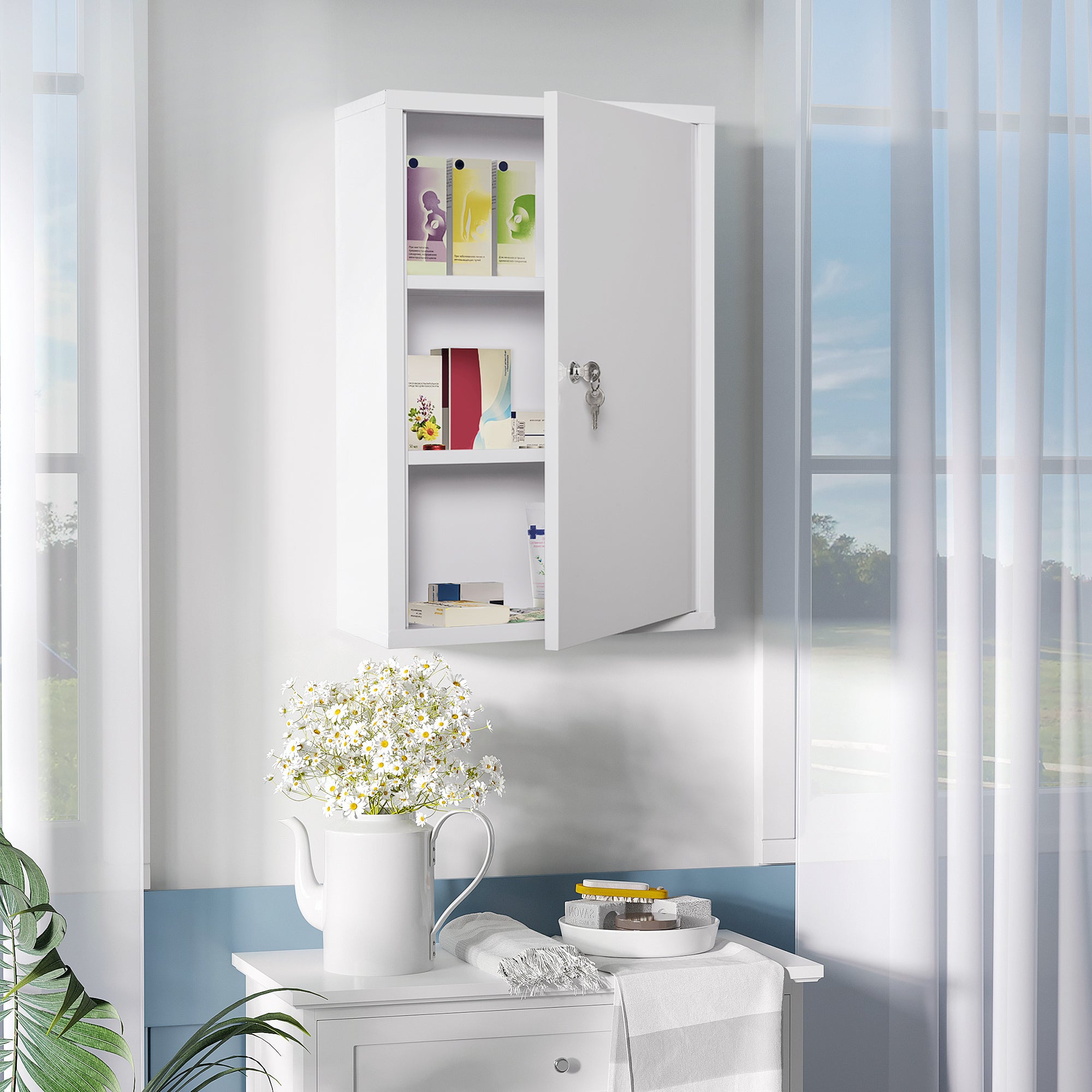 kleankin Steel Wall Mount Medicine Cabinet 3 Tier Emergency Box for Bathroom Kitchen, Lockable Bathroom Hanging Storage Cabinet with 2 Keys, White
