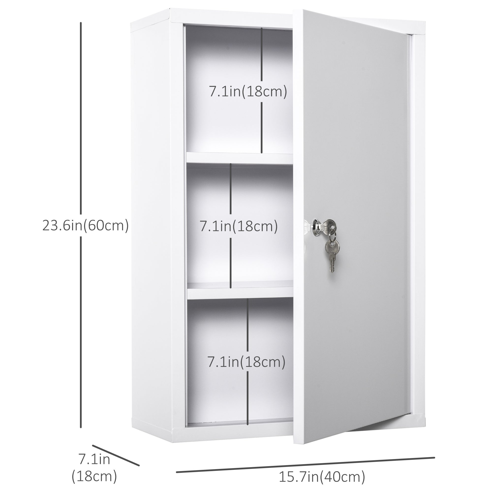 kleankin Steel Wall Mount Medicine Cabinet 3 Tier Emergency Box for Bathroom Kitchen, Lockable Bathroom Hanging Storage Cabinet with 2 Keys, White