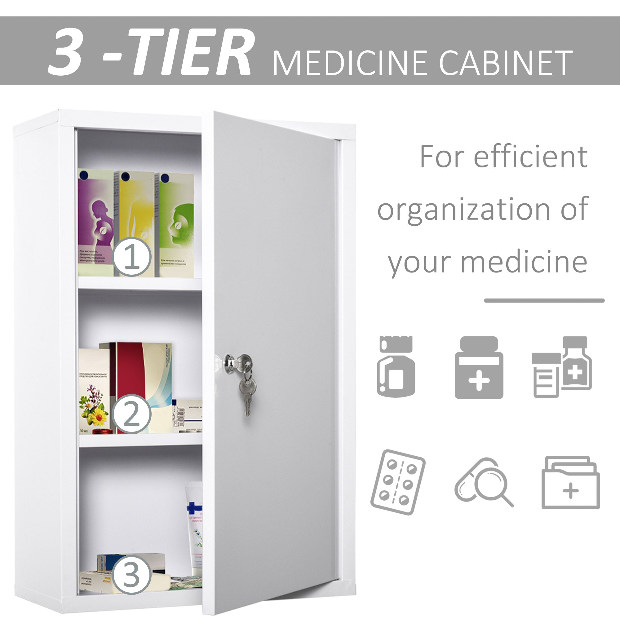 kleankin Steel Wall Mount Medicine Cabinet 3 Tier Emergency Box for Bathroom Kitchen, Lockable Bathroom Hanging Storage Cabinet with 2 Keys, White