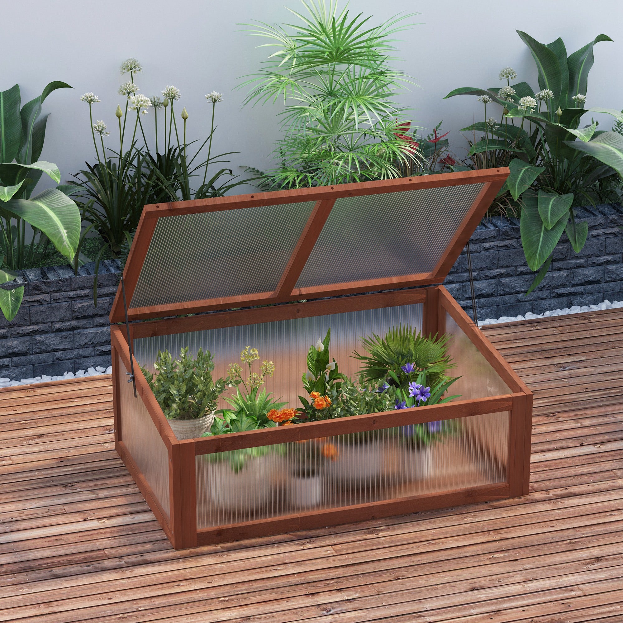 Outsunny 39" x 26" x 16" Wooden Cold Frame with Openable and Tilted Top Cover, Small Polycarbonate Planter Box for Flowers, Vegetables, Plants, Brown